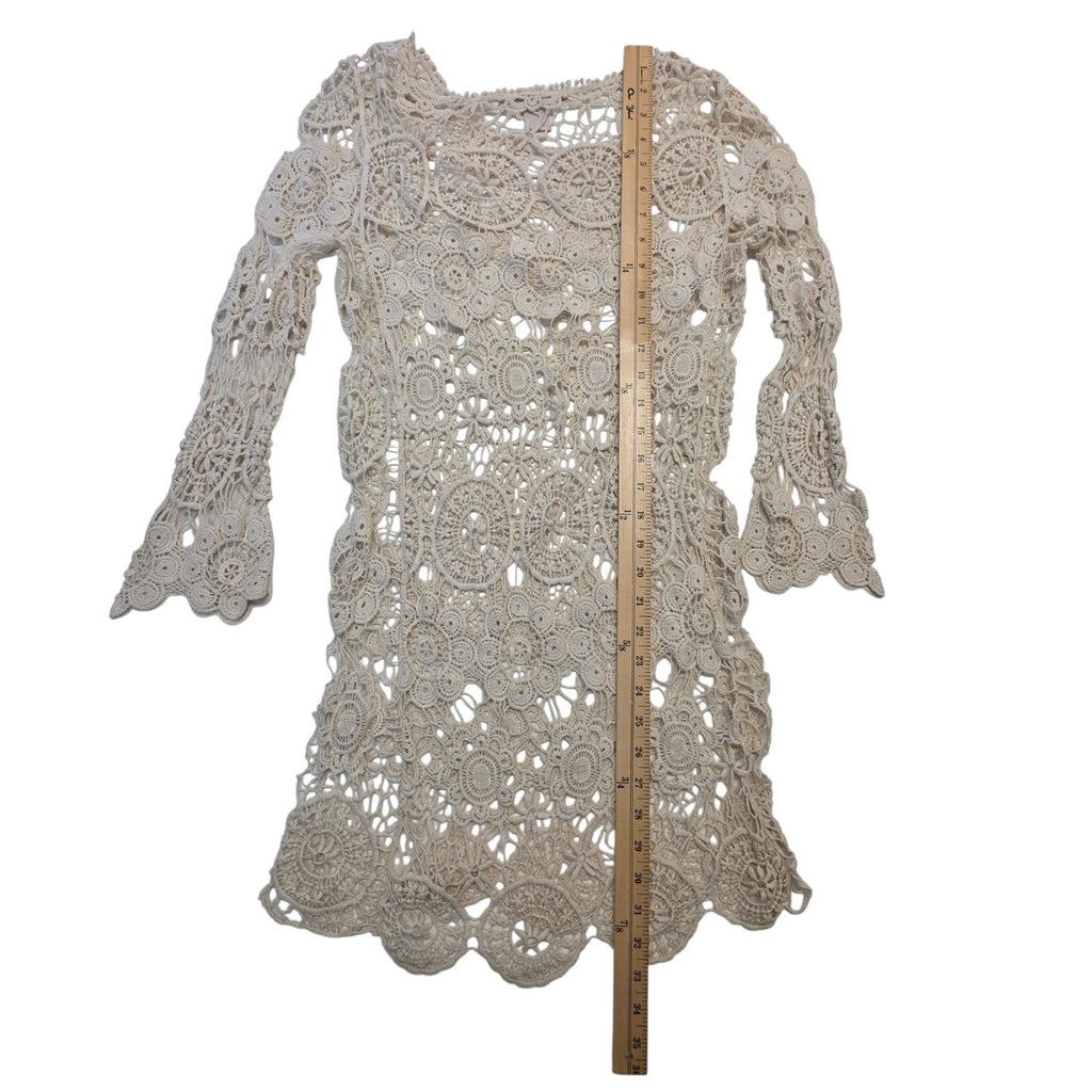 Y2K Open Knit Crochet Lace Mini Dress Cream Bohemian Beach Hippie Festival Small