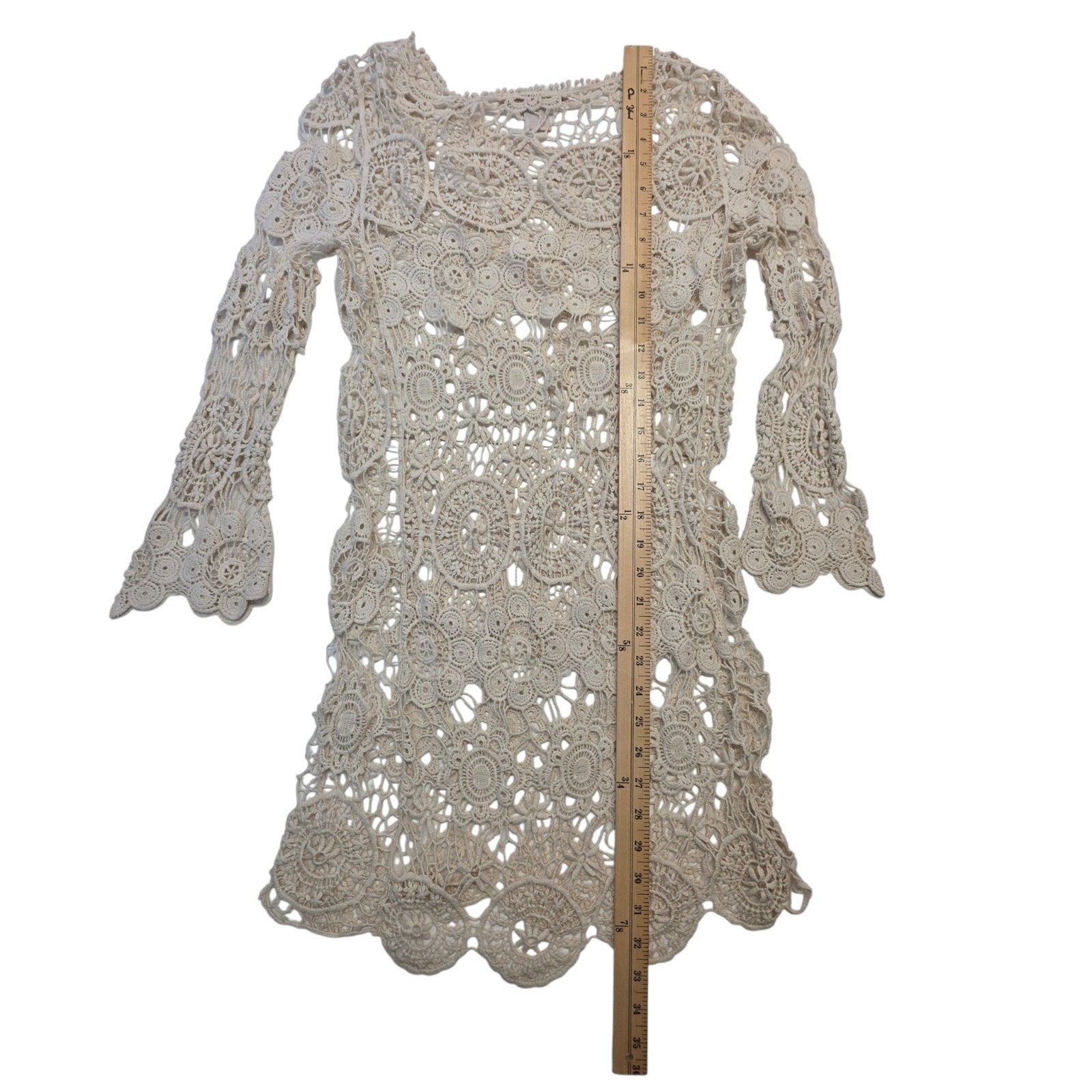 Y2K Open Knit Crochet Lace Mini Dress Cream Bohemian Beach Hippie Festival Small