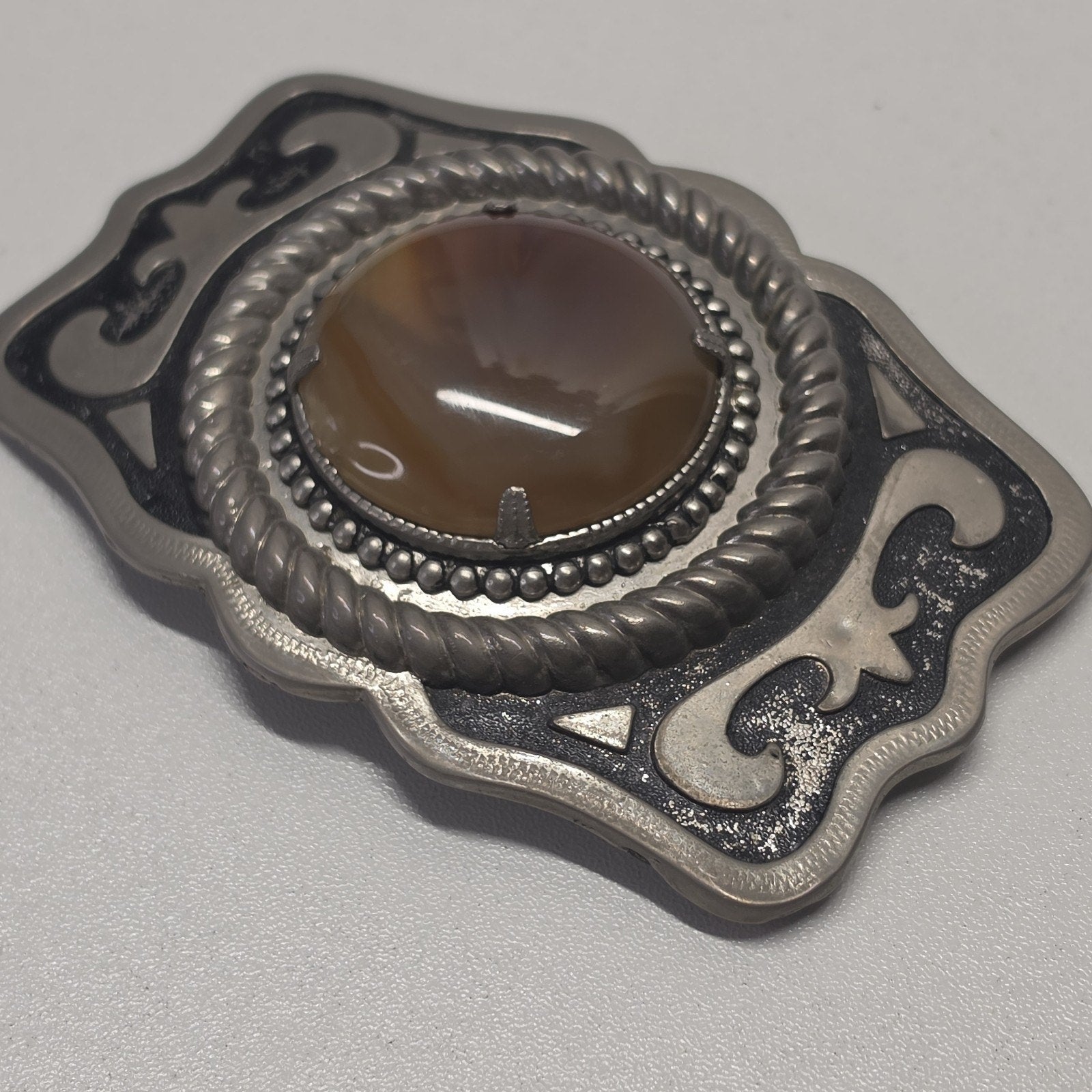 Vintage Horizontal Cabochon Cab Stone Silver Tone Western Belt Buckle Cowboy