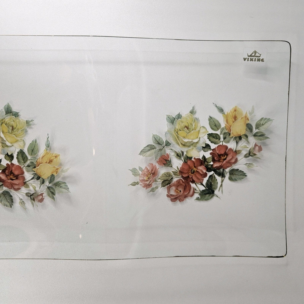 Vintage Viking Glass Hand-Painted Floral Serving Platter Tray Mid-Century Modern