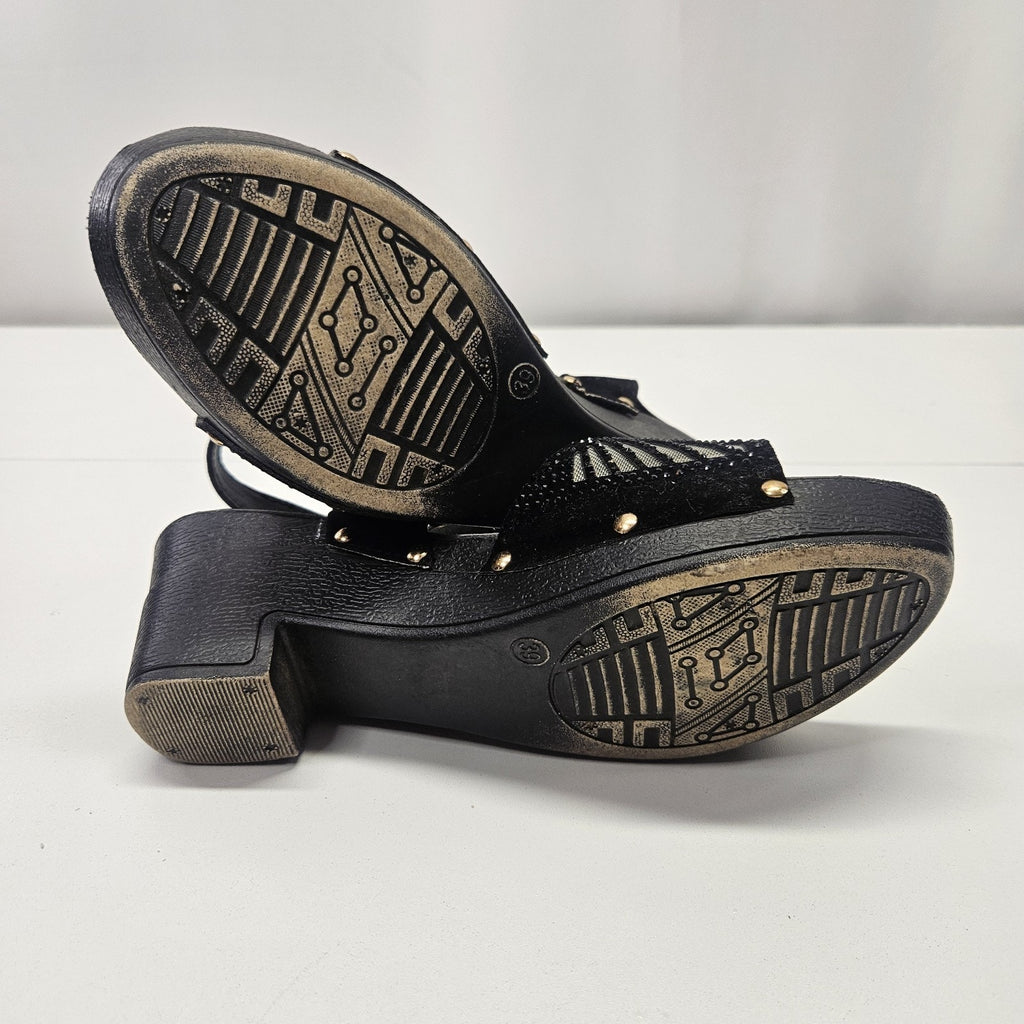Shilip Footwear Low Platform Wedge Studded Sandals Black Rhinestones Sz 8.5M