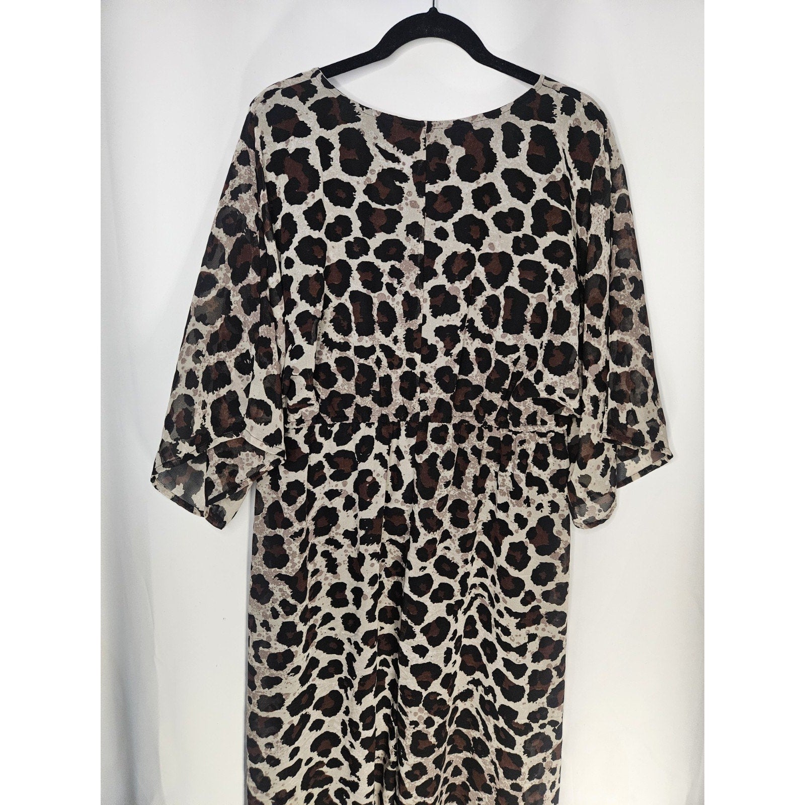 New York & Company Leopard Print Chiffon Short Sleeve Maxi Dress XL V Neck
