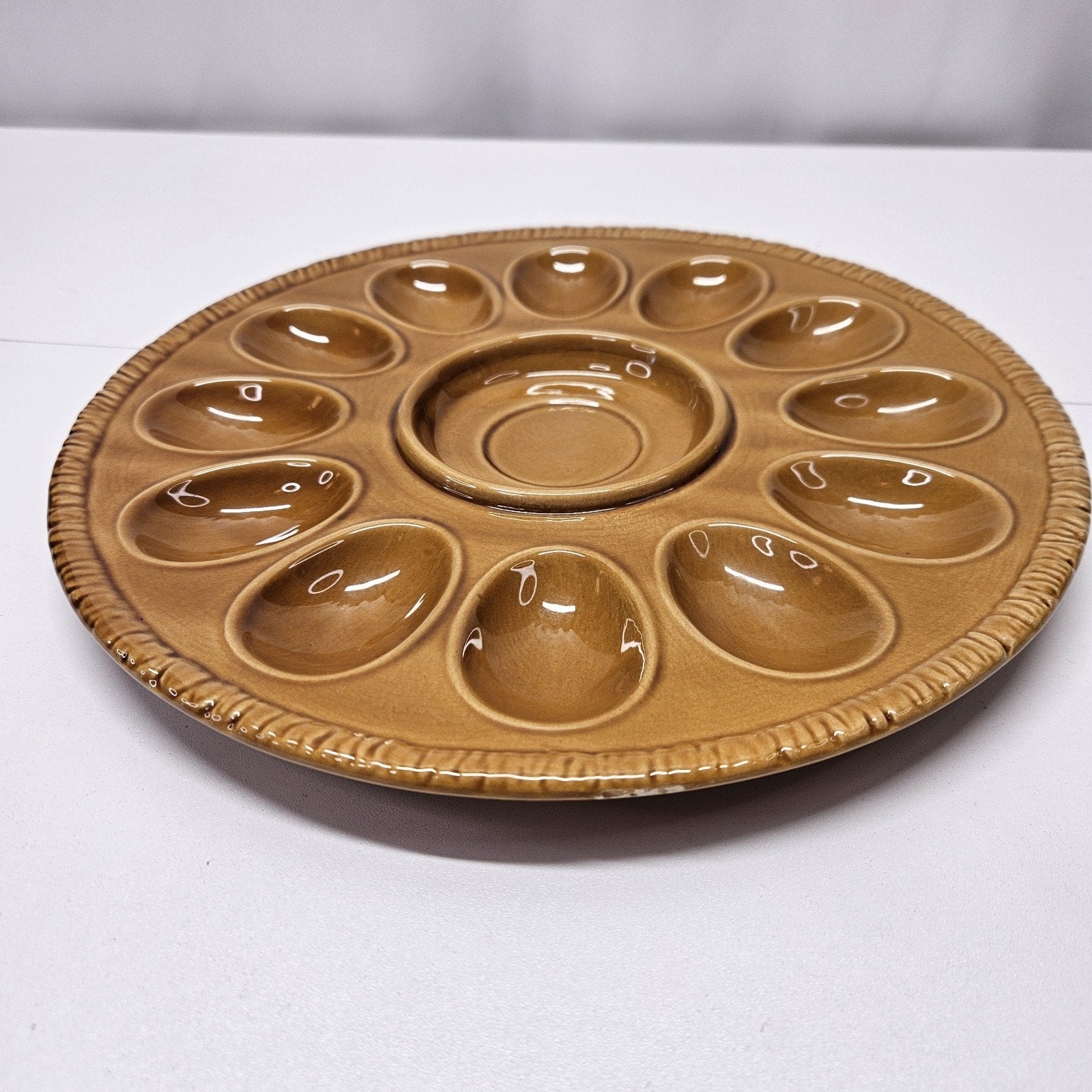 Vintage Retro Glazed Pottery Hazel Brown Deviled Egg Serving Platter