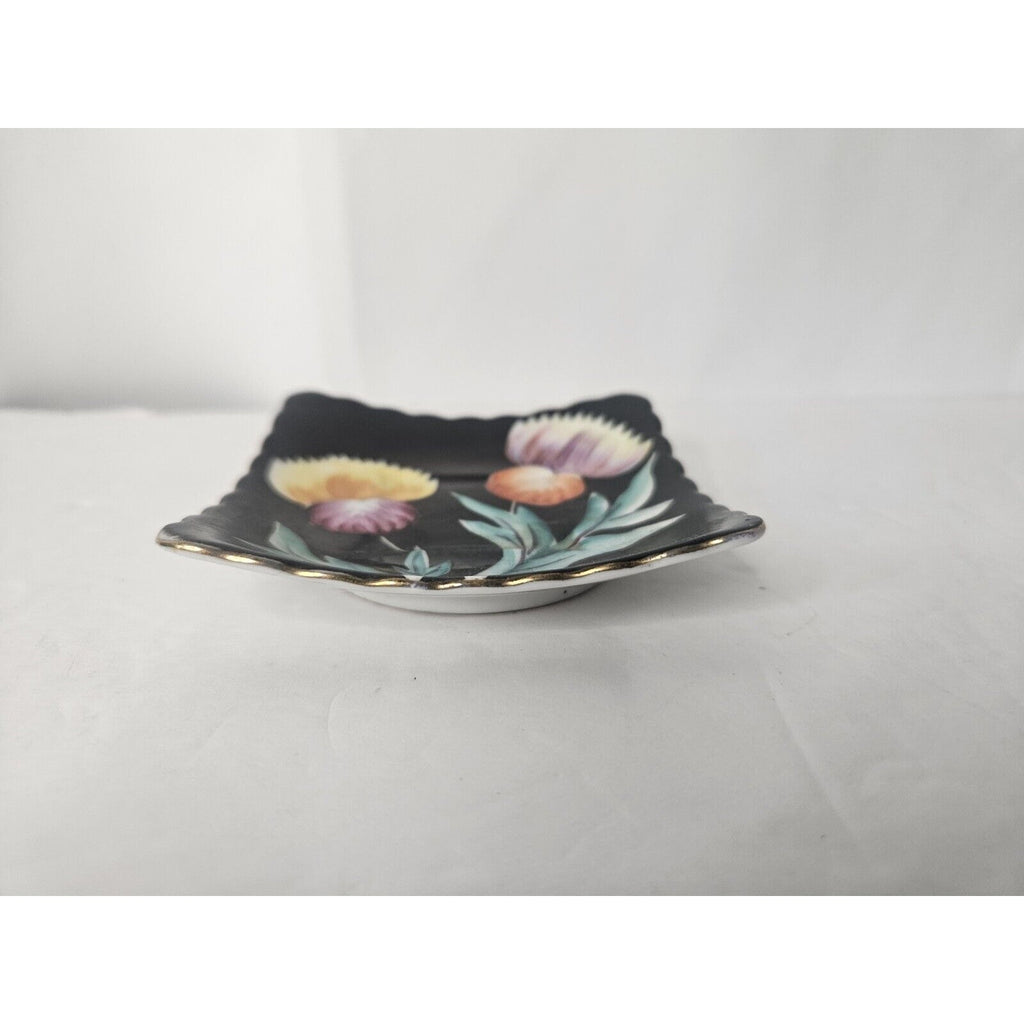 Vintage 3.5” SAJI Porcelain Trinket Dish Plate Occupied Japan Floral Black Pink