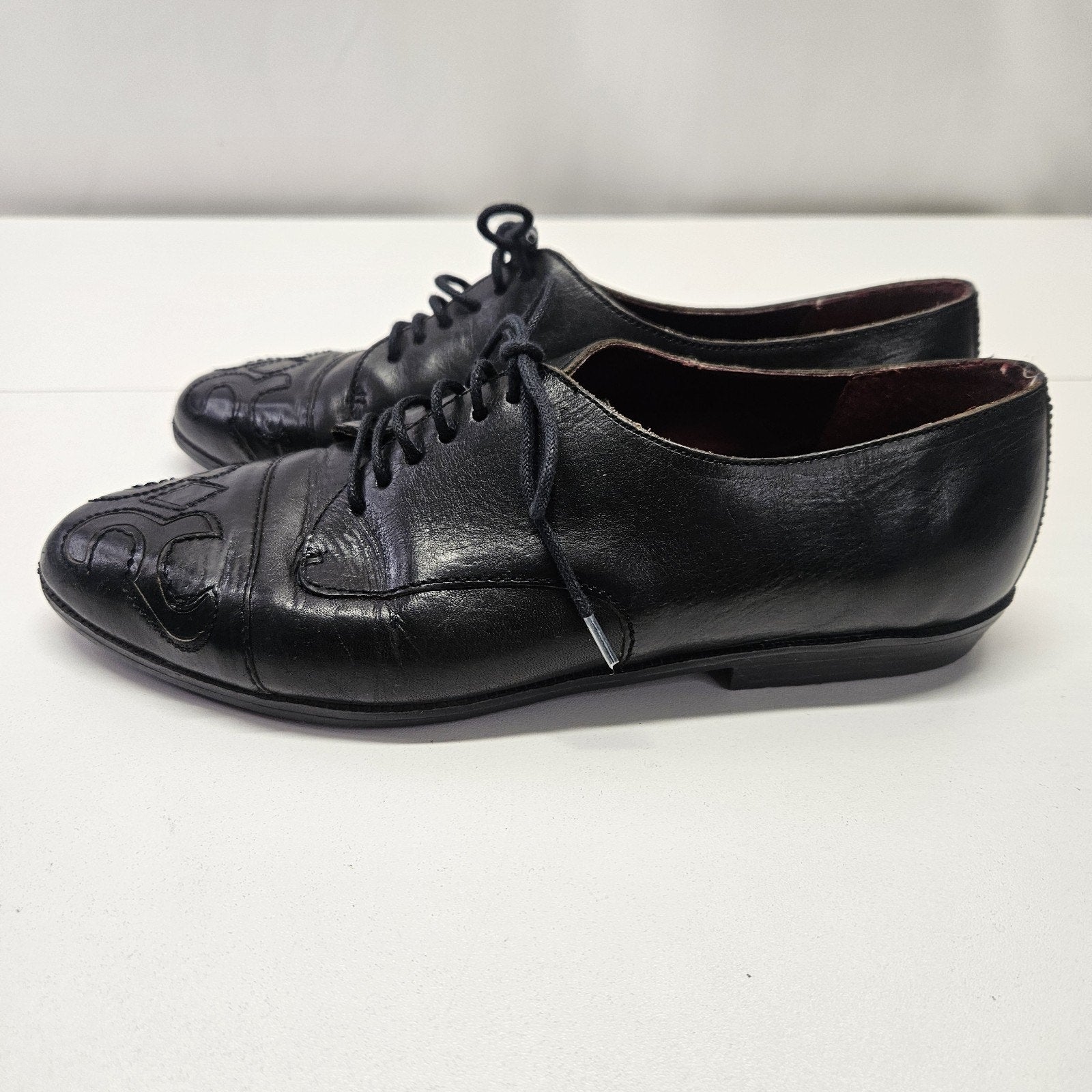 VTG Flamengo Embriodered Black Leather Lace up Oxford Heeled Granny Shoes 7.5 M