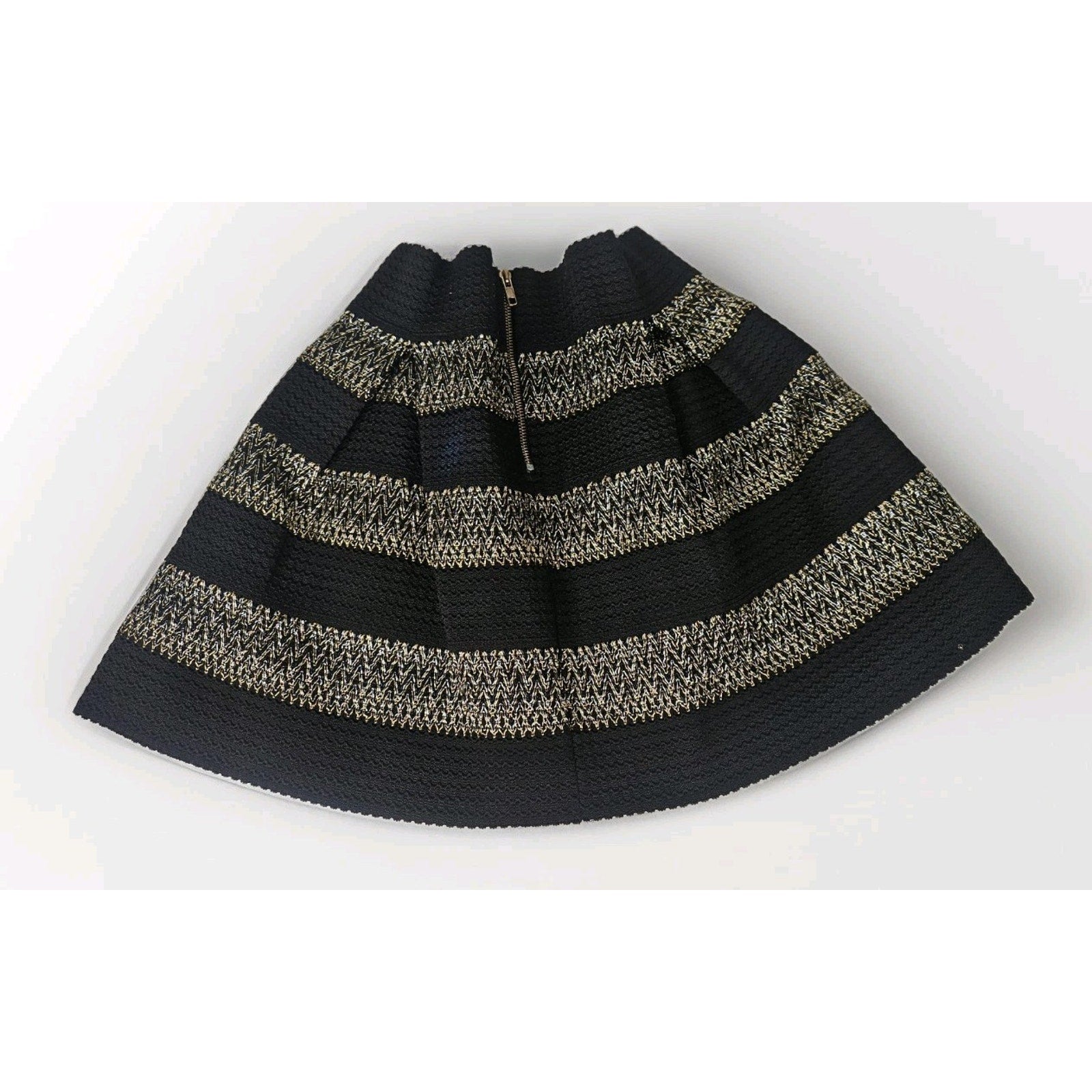 Ginger G Women's Mini Skirt A Line Pleated Black Gold Medium Holiday Metallic