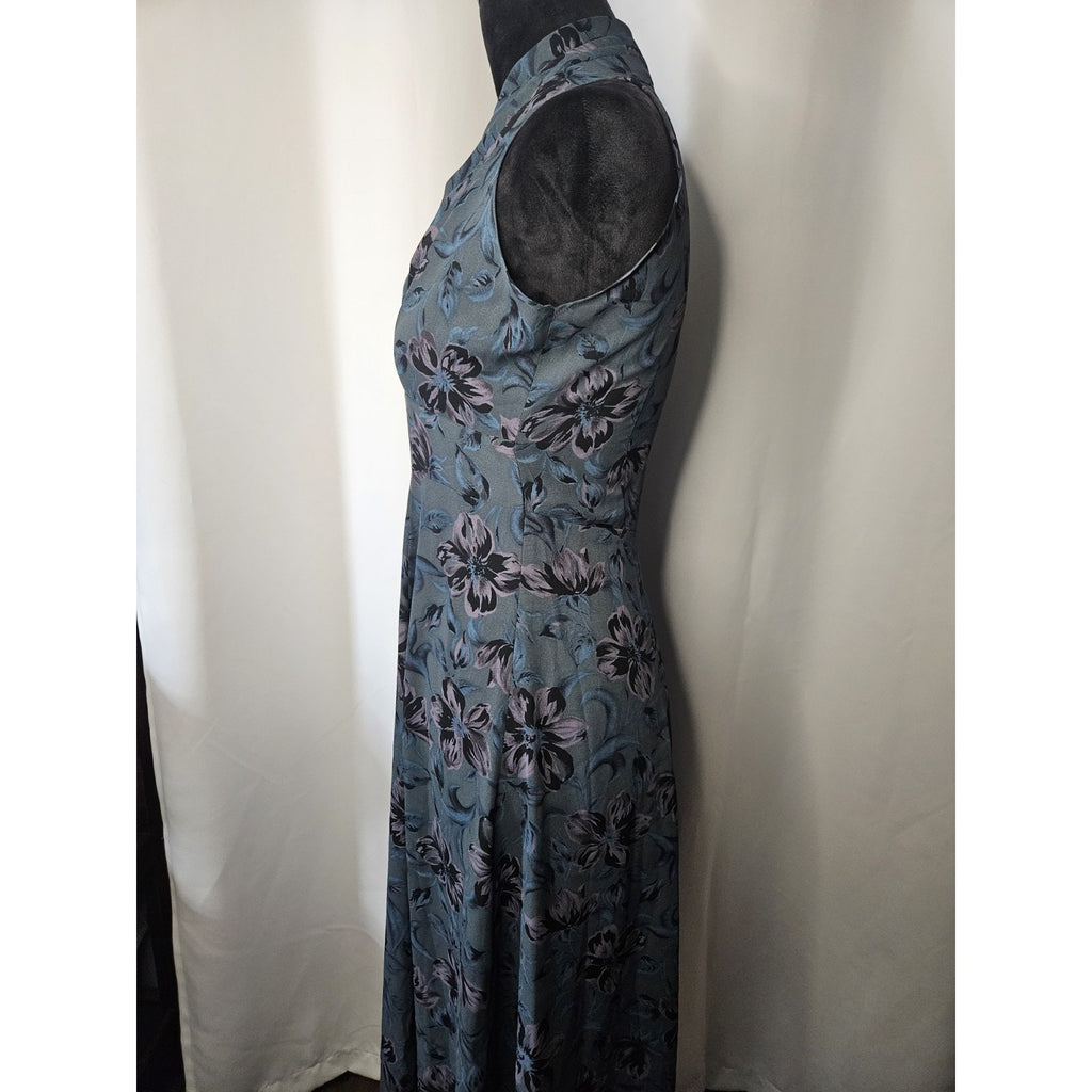 Vintage High Neck Sleeveless Dress Sheer Floral Maxi Blue Empire Waist XS 0/2