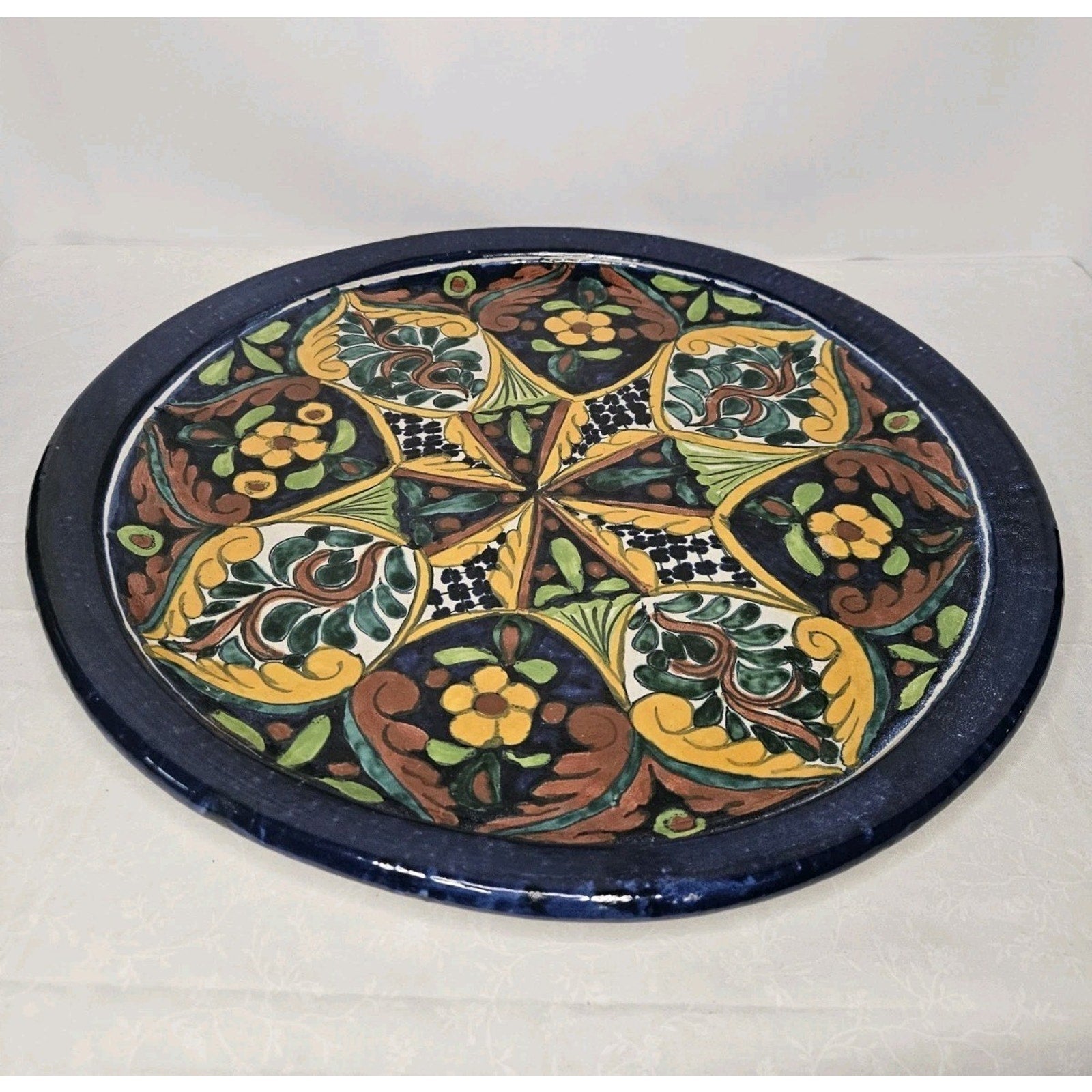 Vintage Mexican Folk Art Pottery Hand Painted Wall Hanging Plate 18.5" Round