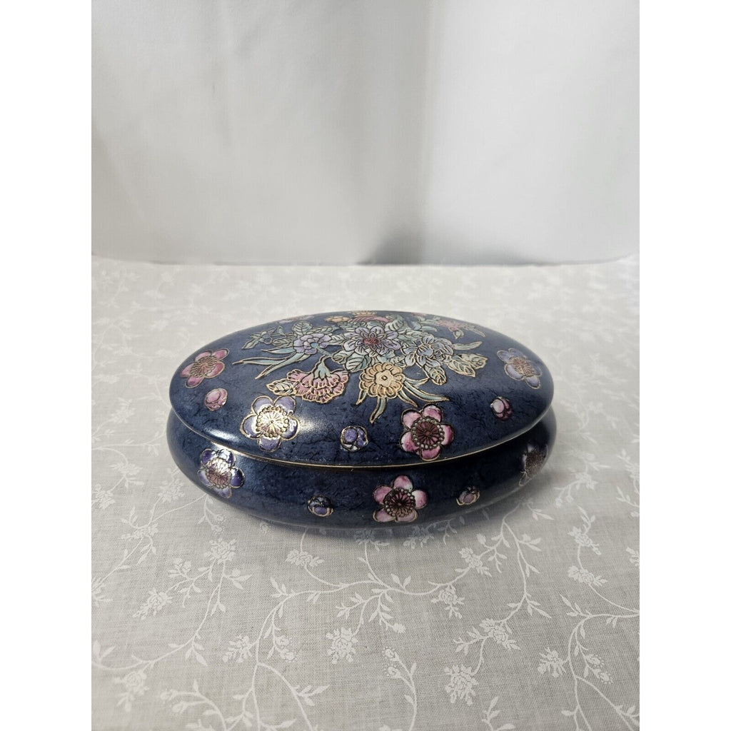 Vintage Toyo Like Trinket Dish with Lid Chinese Hand Painted Floral 2-Piece 6"