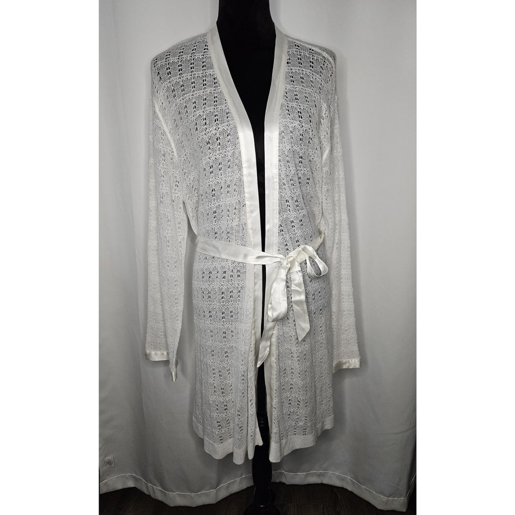 Vintage Apostrophe Robe Kimono Nightgown White Cream Crochet Lace Floral Large