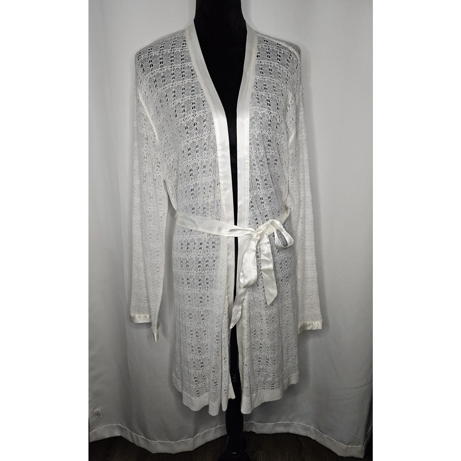 Vintage Apostrophe Robe Kimono Nightgown White Cream Crochet Lace Floral Large