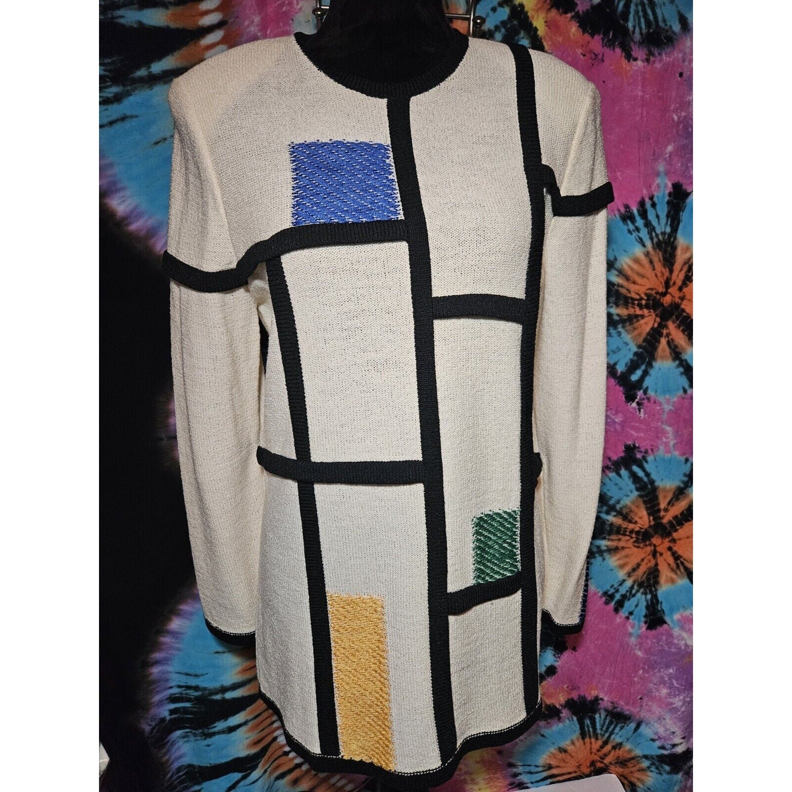Vintage 80s 90s Viana Knits Tunic Sweater Mondrian Art Color Block 60s Style Size 12