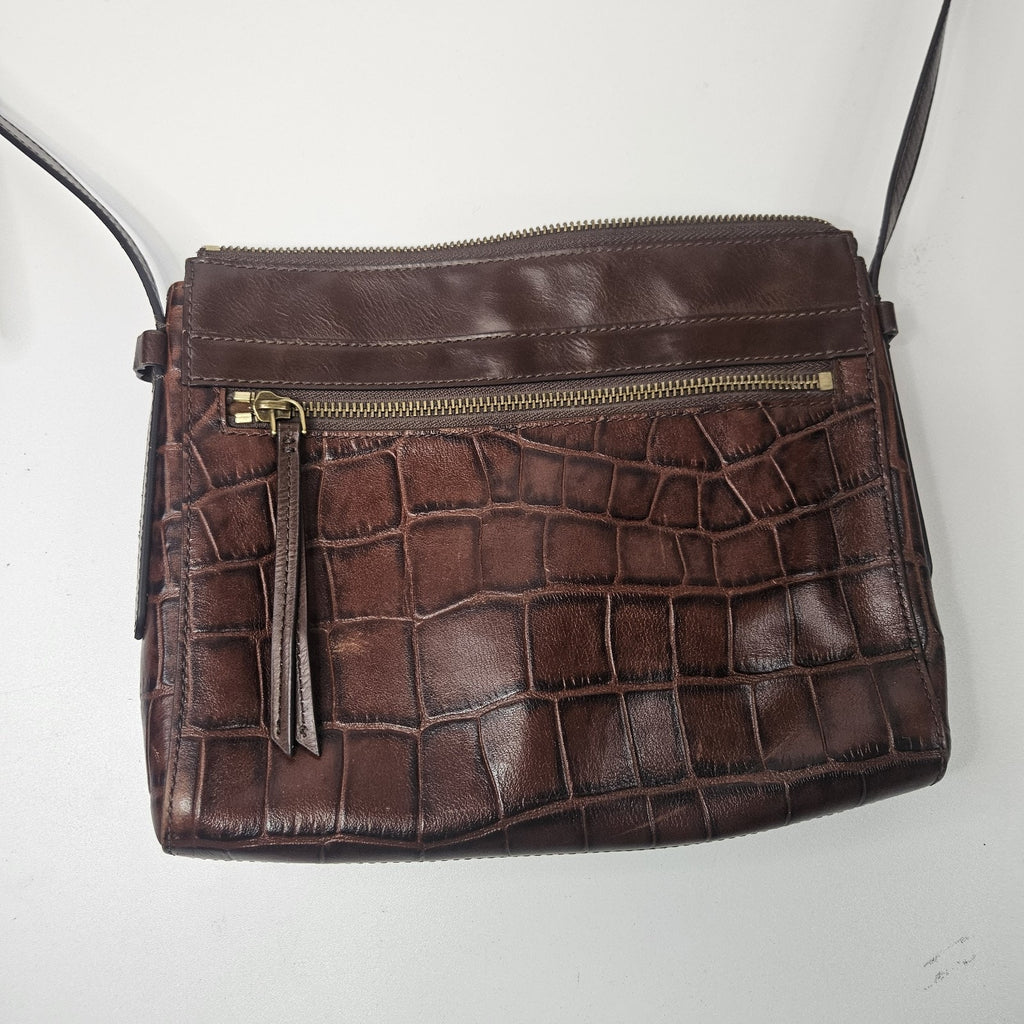 Vintage FOSSIL Croc Embossed Brown Leather Shoulder Crossbody - 10 x 8"