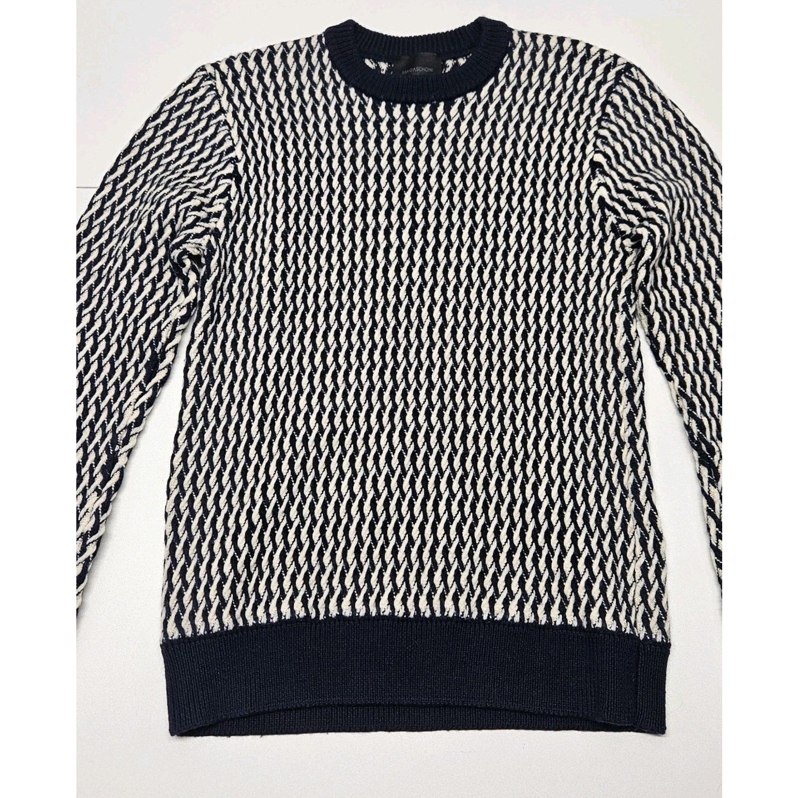 Magaschoni Long Sleeve 100% Wool Crew Neck Soft Sweater Small White Blue