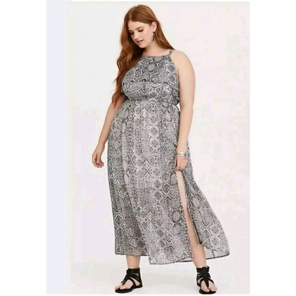 Torrid Black White Patterned Maxi Dress Lined Tie V-Neck Ruffle Sleeves Size 1