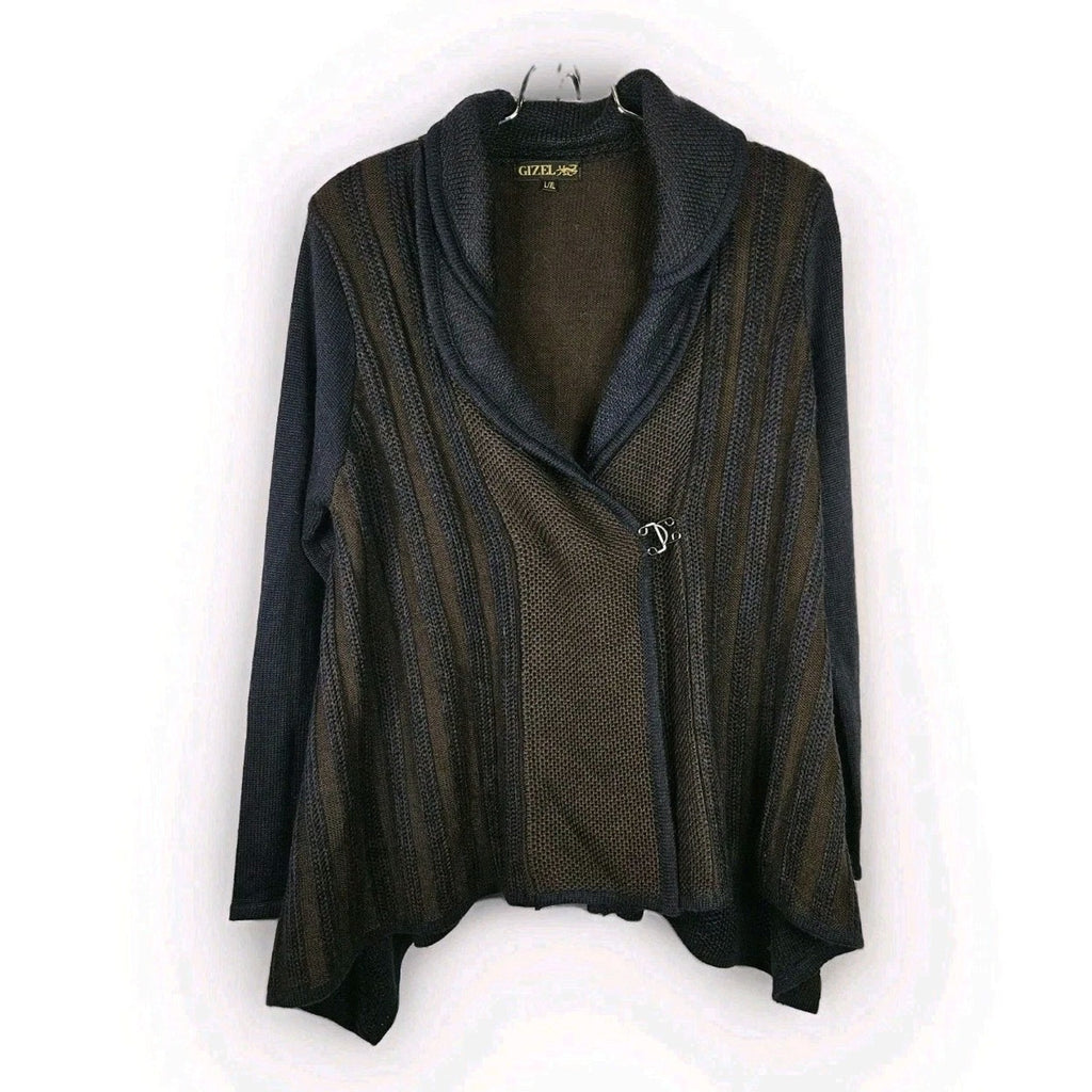 Woman’s Gizel Blue & Brown Block Design Sweater Jacket Acrylic Wool Blend L/XL