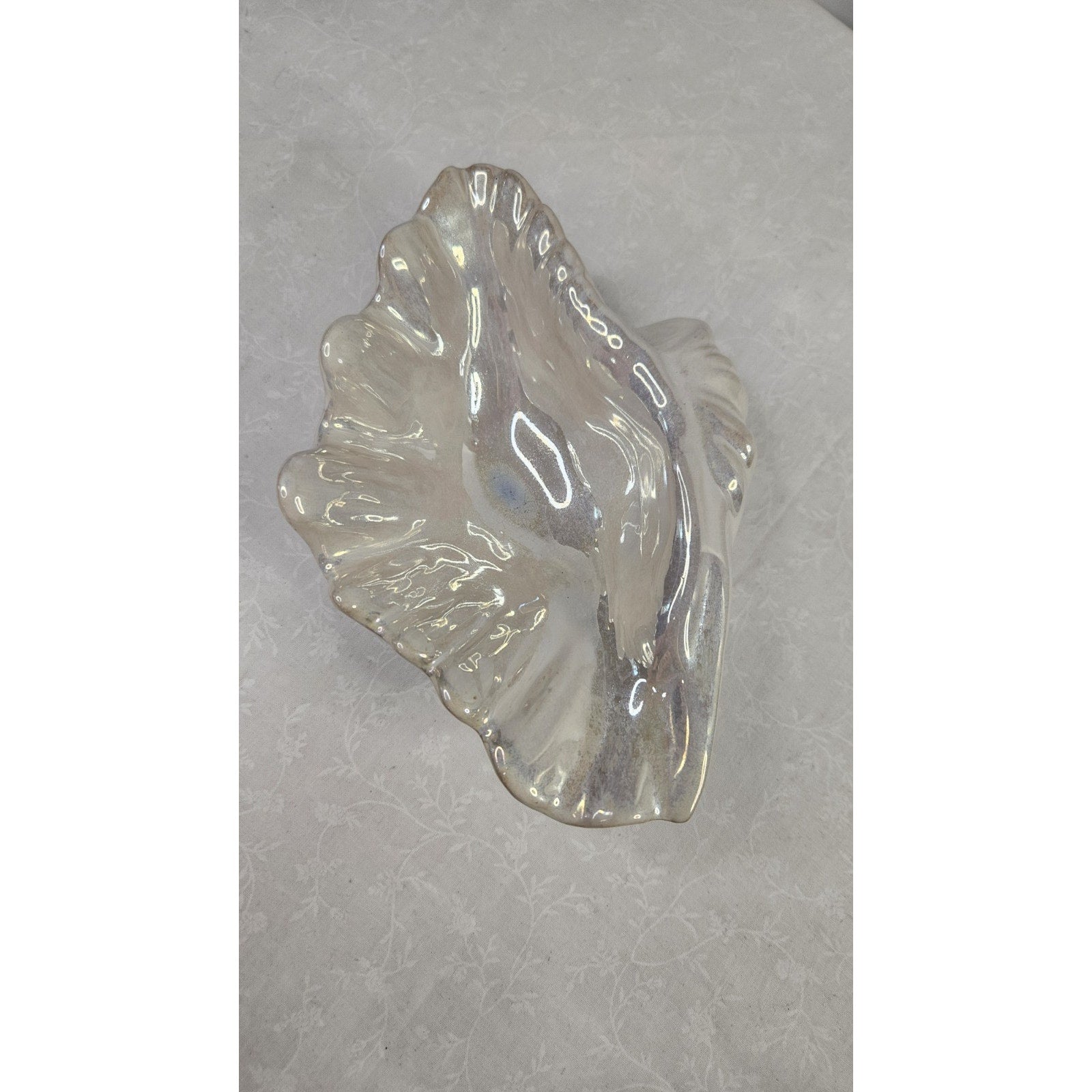 Hand Blown Opalescent Shell Art Glass Bowl White Rainbow Mid Century Beach