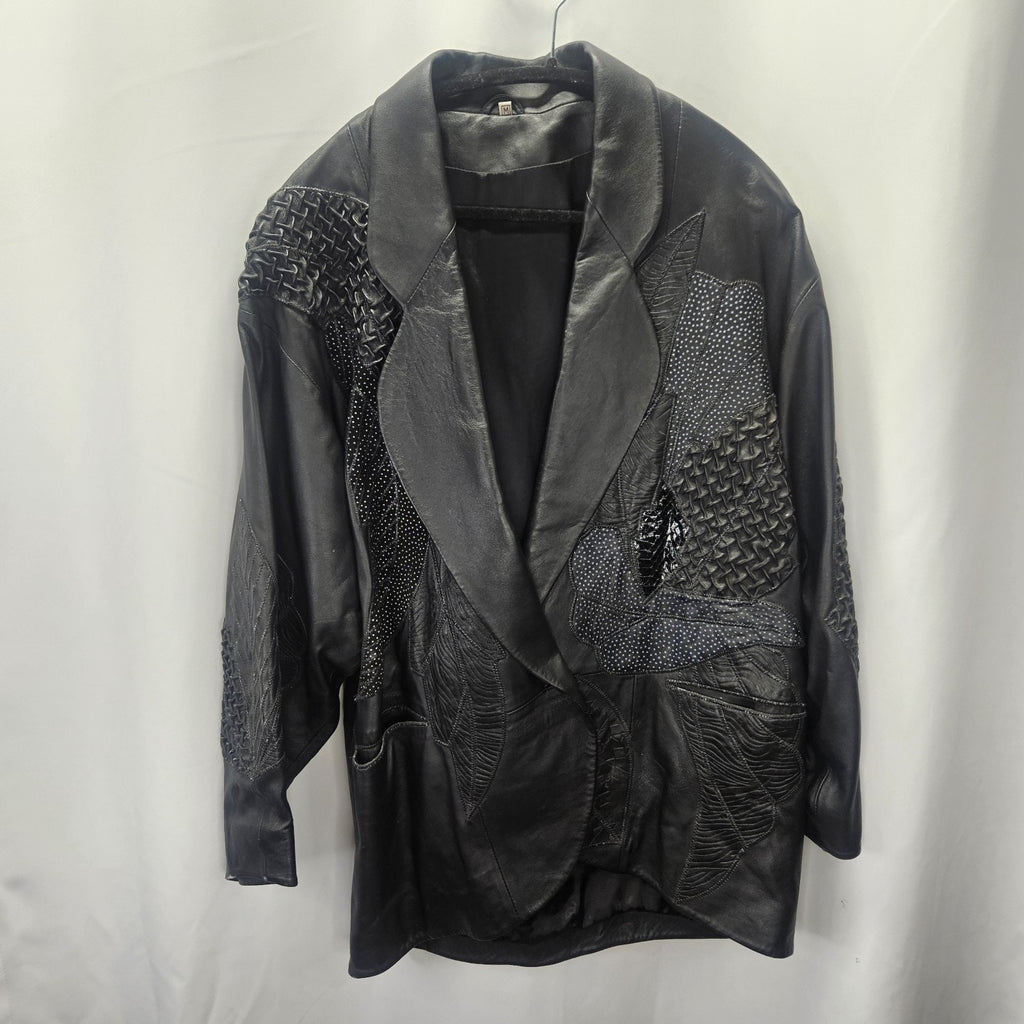 Unique 80s Oversized Black Leather Jacket Patchwork Blazer Medium Edgy Glam Vtg