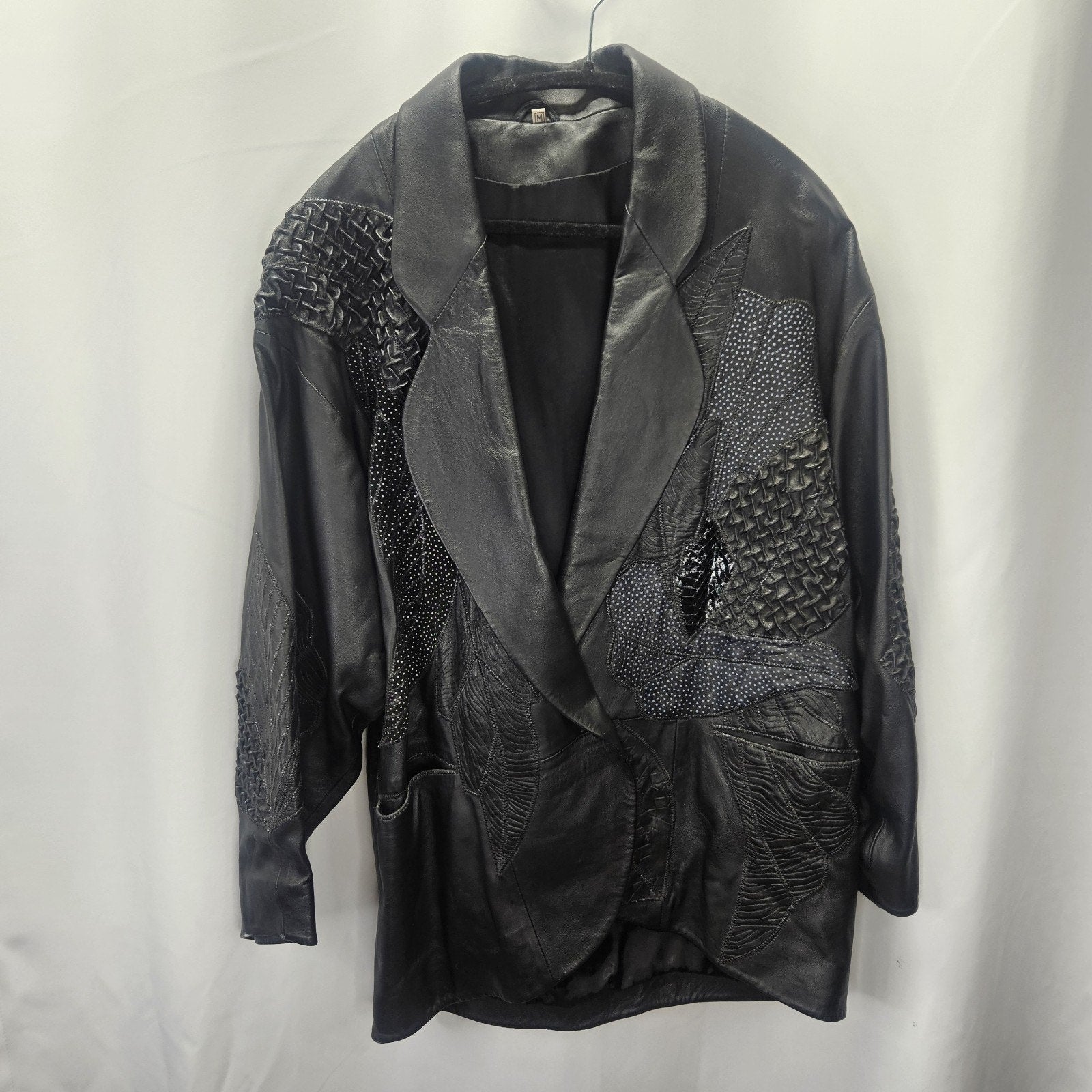 Unique 80s Oversized Black Leather Jacket Patchwork Blazer Medium Edgy Glam Vtg