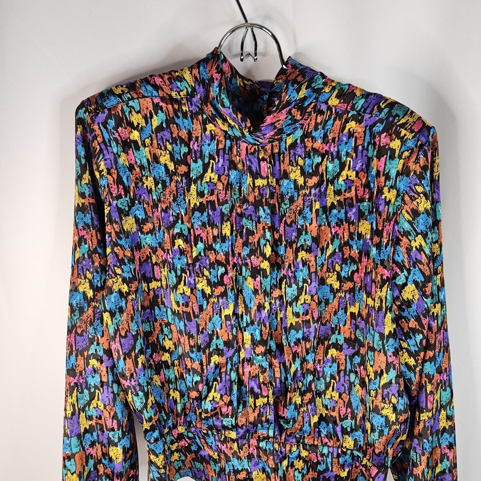 Vintage 80s Blouse Long Sleeve Colorful Geometric Pattern Button Size 12 Large