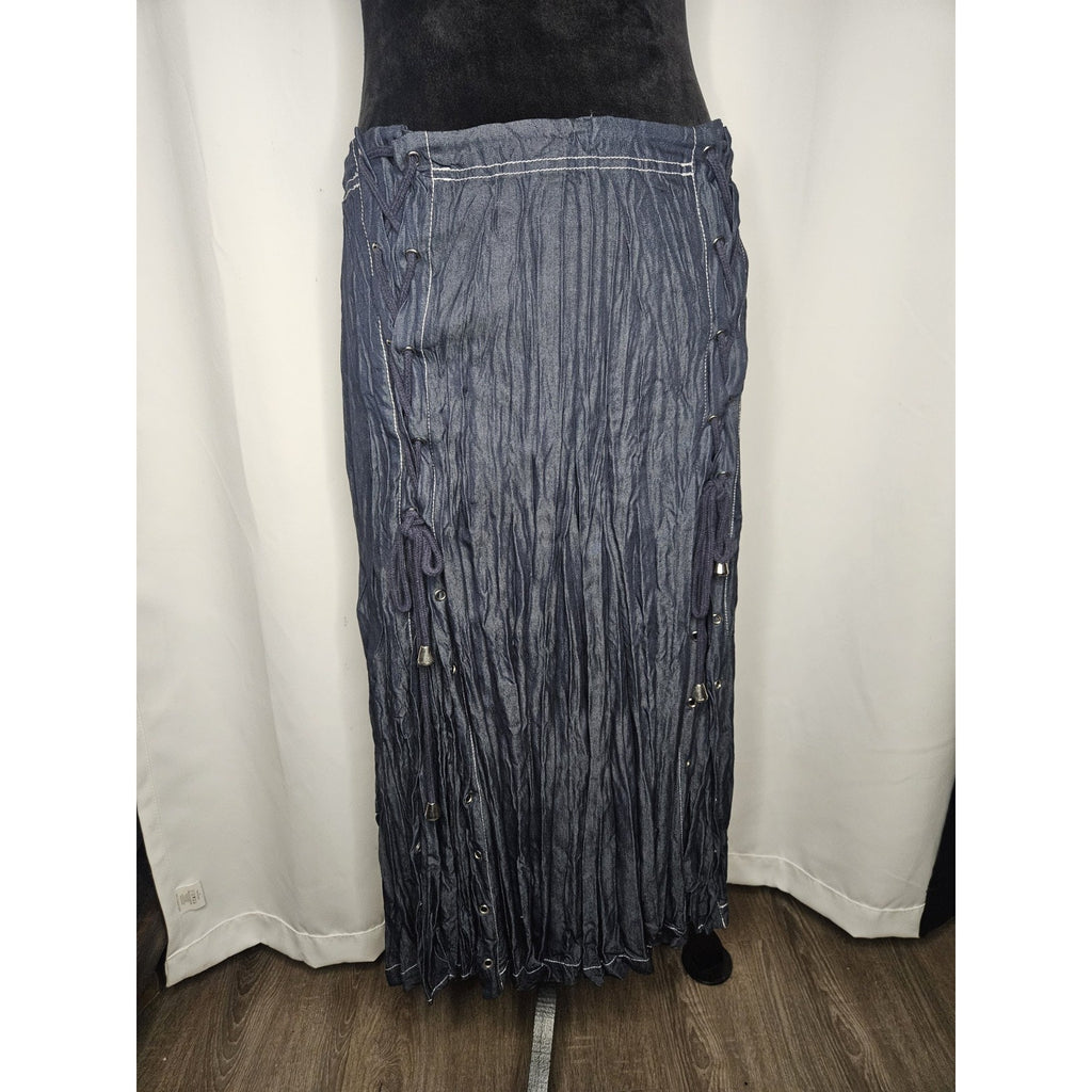 Monroe And Main Denim Lace Up Midi Skirt Crinkled Denim Size XL Dark Wash Boho