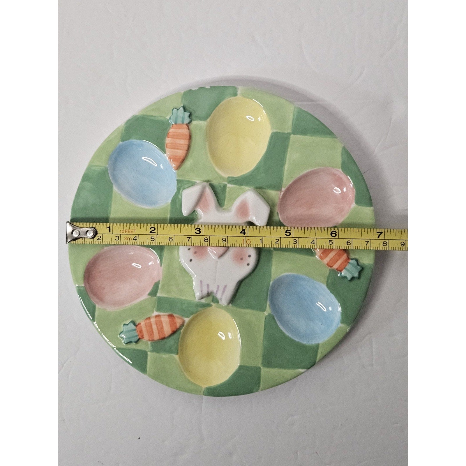Easter Bunny 7 Carrots Egg Plate Holds 6 Eggs 7" Round Colorful Ceramic Easter