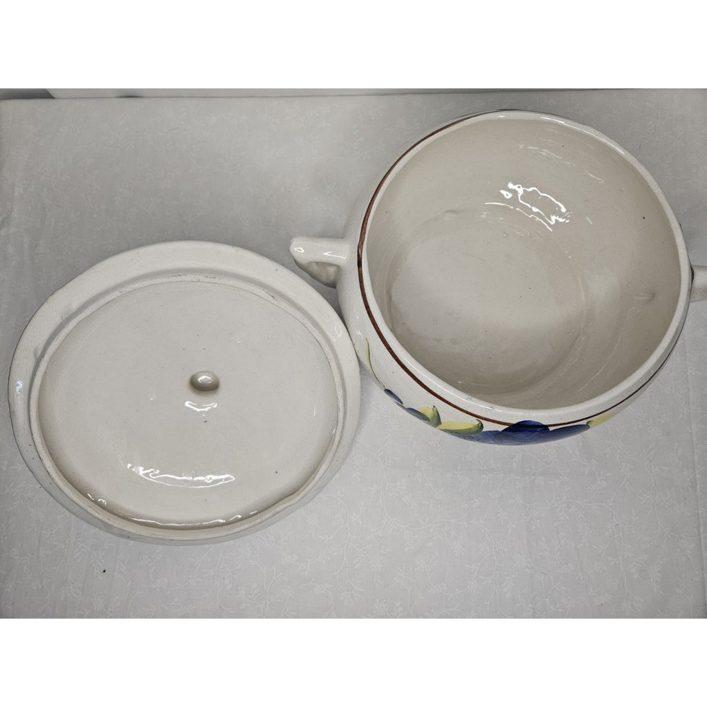 Vtg Mexican Hand Made Painted Decorative Lidded Bean Pot Blue Floral Casserole