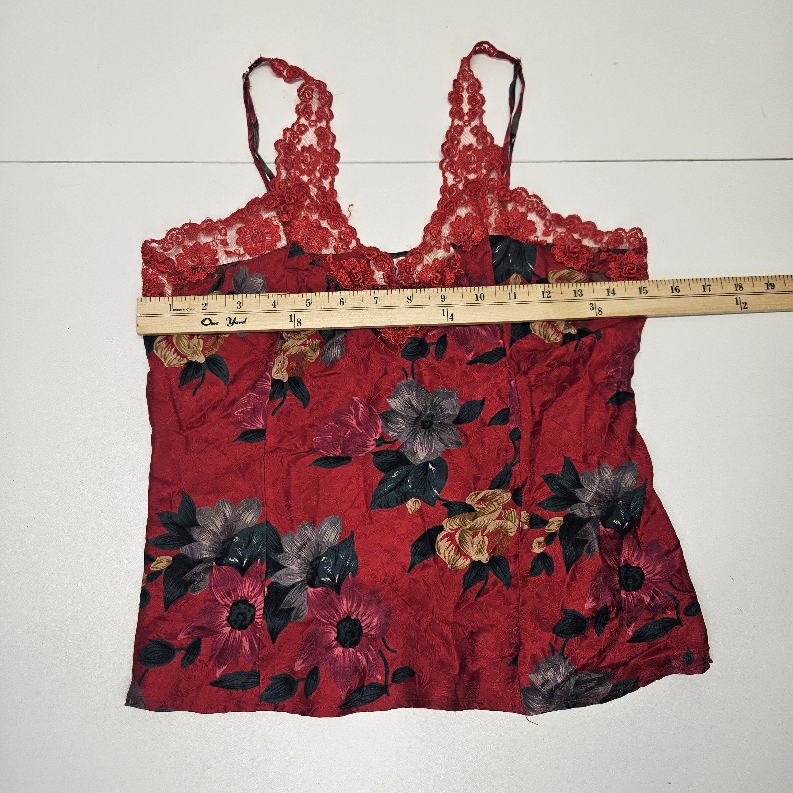 Vintage Silkscreen 100% Silk Camisole Tank Small Red Lace 90s Y2K Fairy