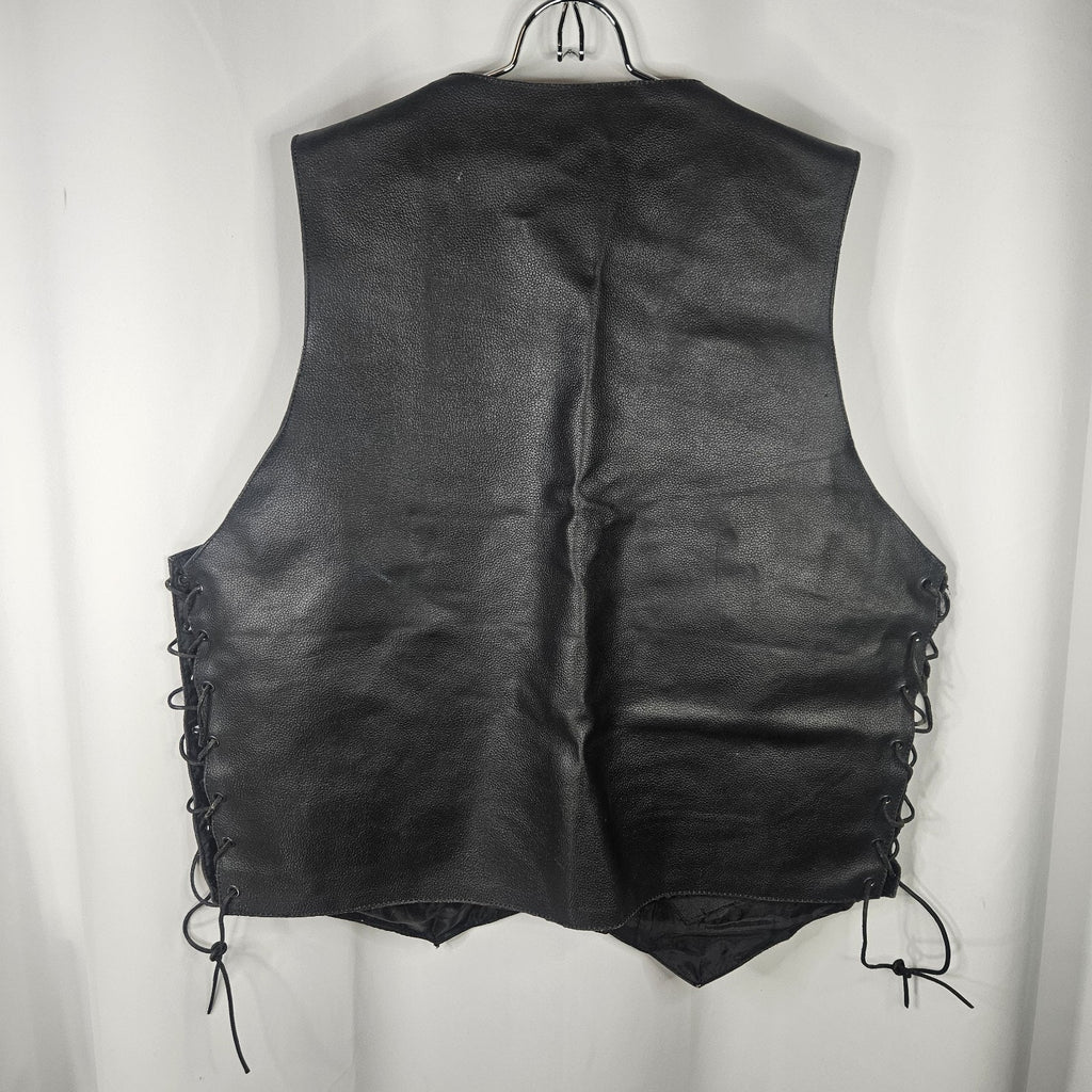Jafrum Motorcycle Biker Black Leather Vest Side Laces Mens XL Inner Zip Pockets