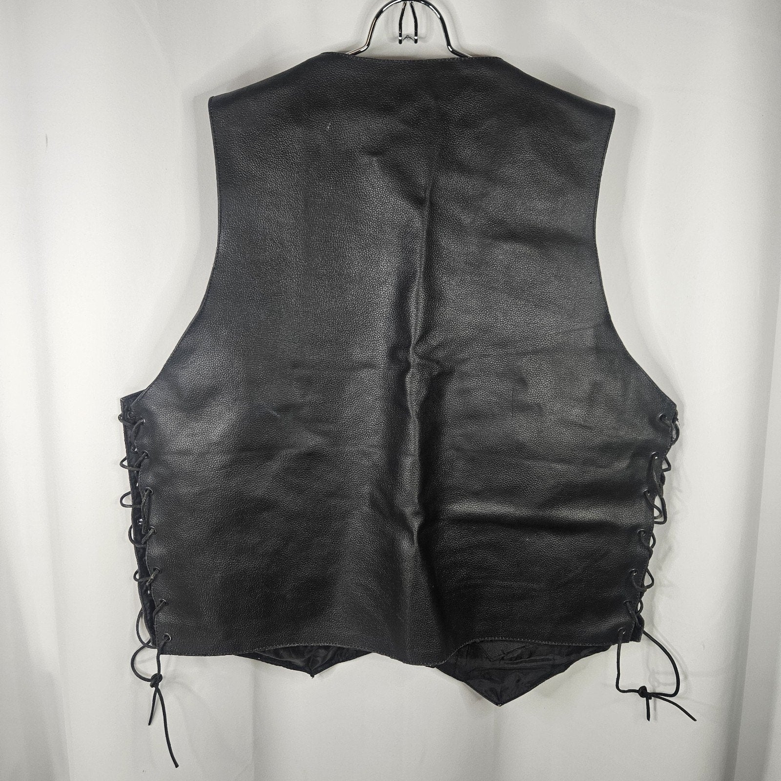 Jafrum Motorcycle Biker Black Leather Vest Side Laces Mens XL Inner Zip Pockets