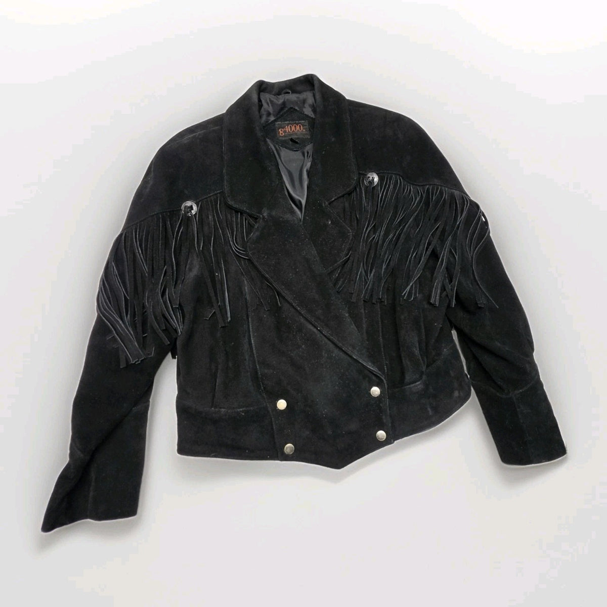 Vintage 1990s Black Suede Leather Fringe Western Jacket Large Cowgirl Festival