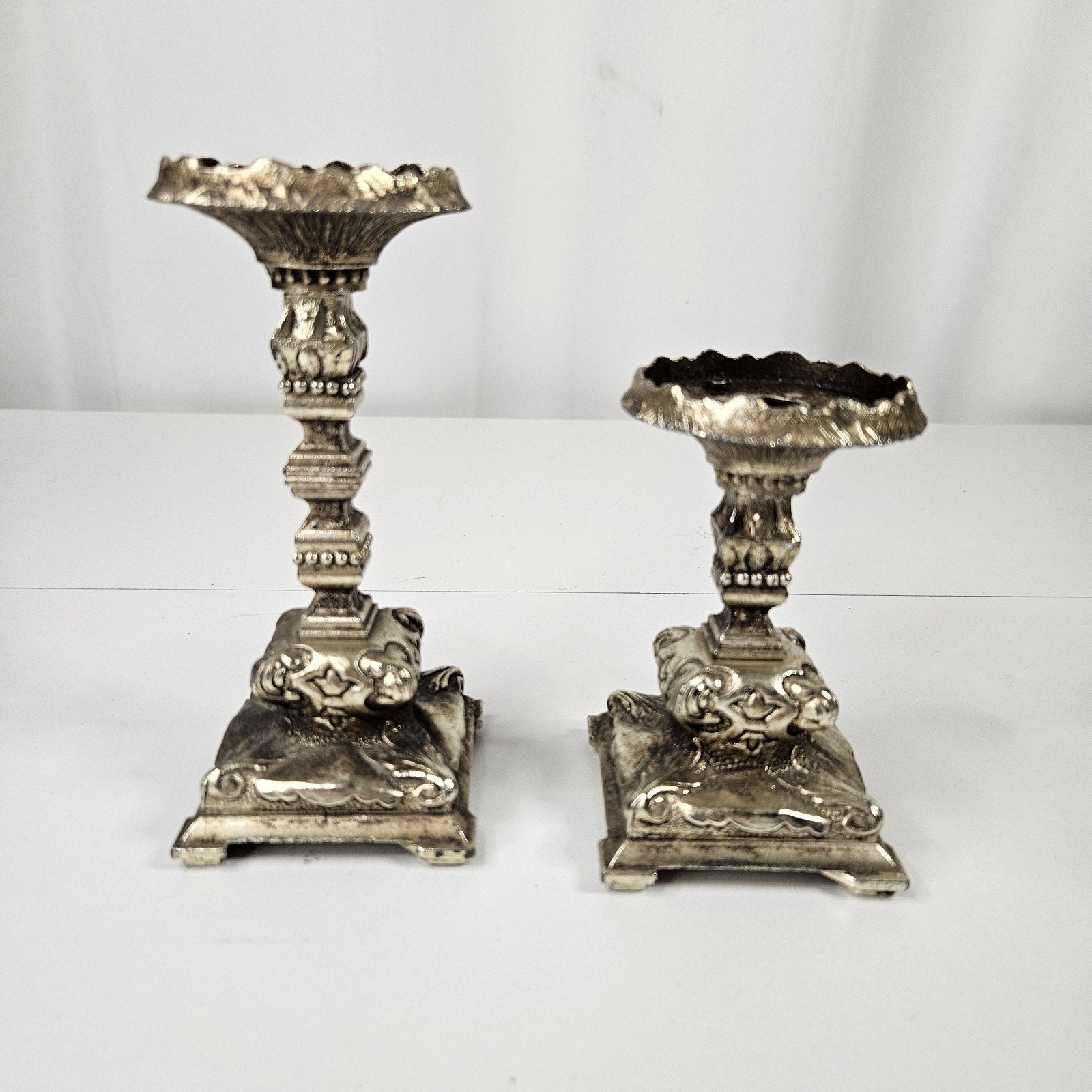 Vtg 19th Century Ornate Scrollwork Metal Candlesticks Pair Romantic Victorian