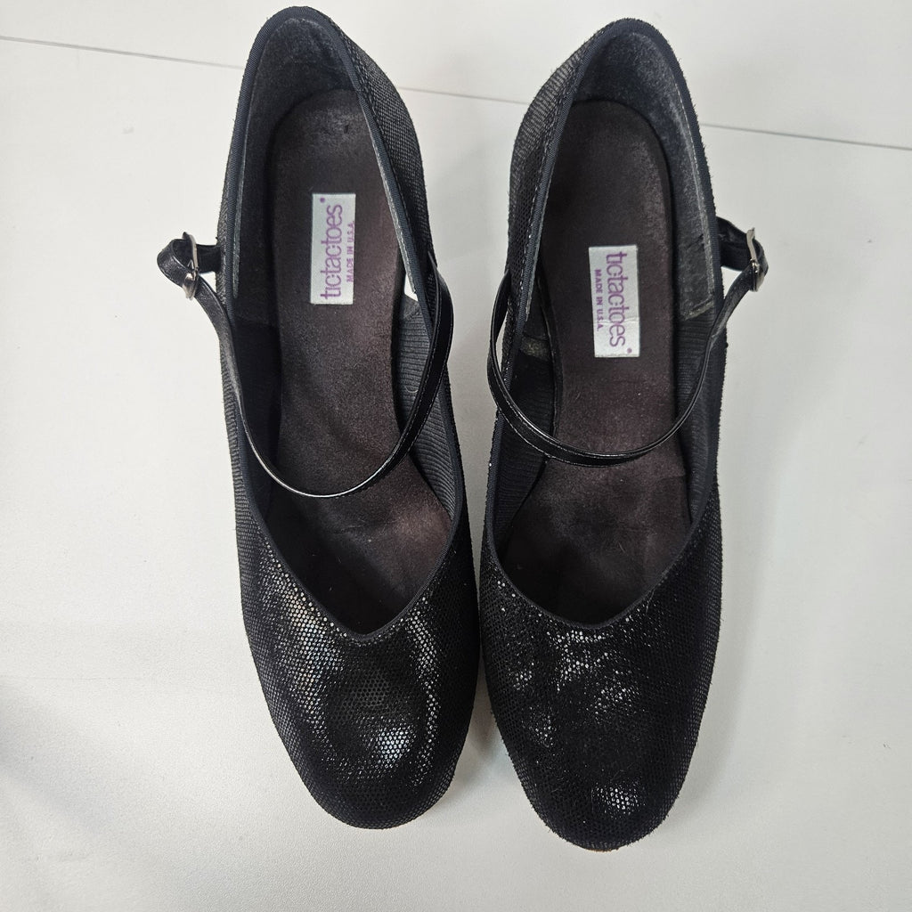 Vintage 90s Black Leather Glitter Mary Jane Round Toe Formal Dress Shoe 10.5 W