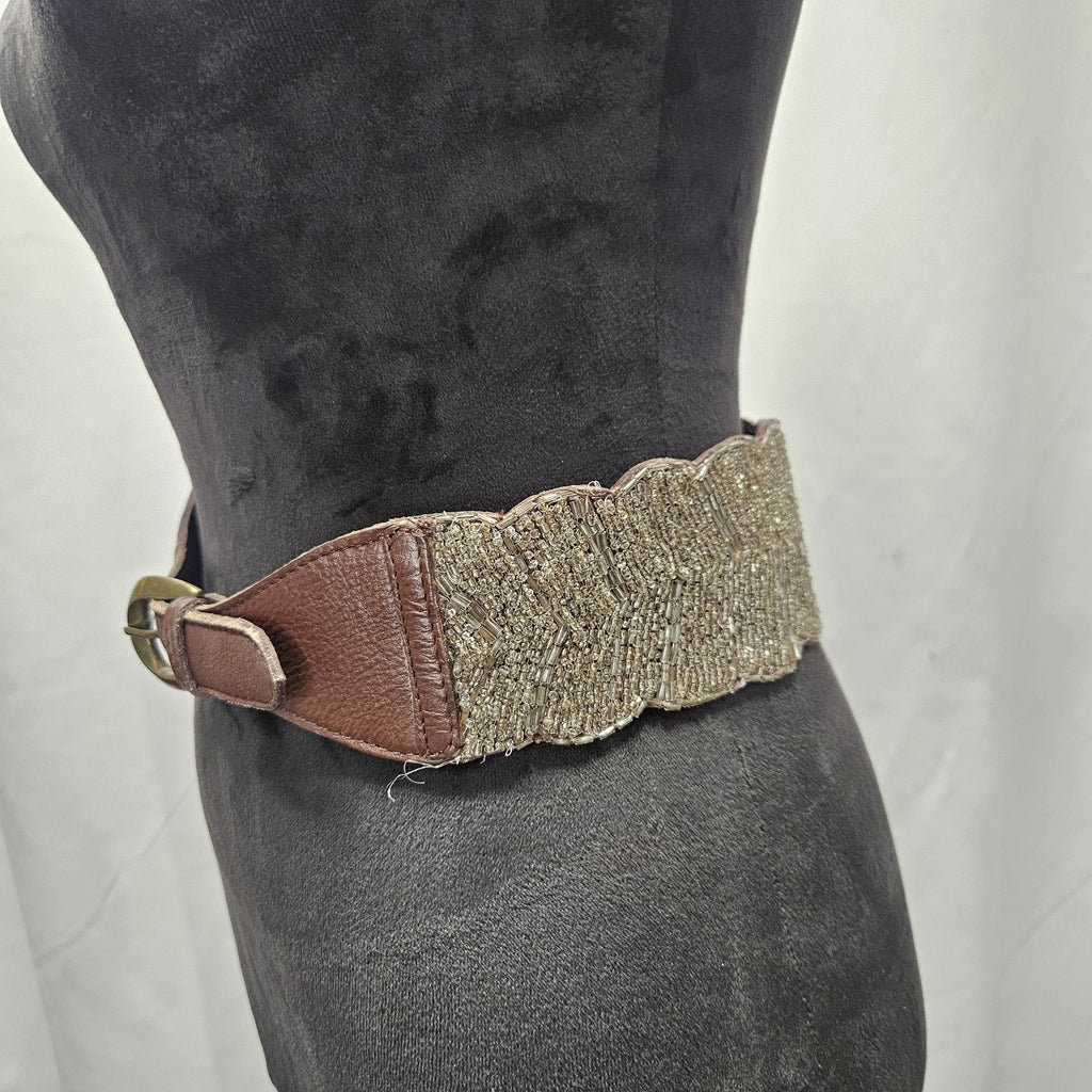 Jasper & Jeera Medium Anthropologie Corset Brown Leather Beaded Boho Belt Size S