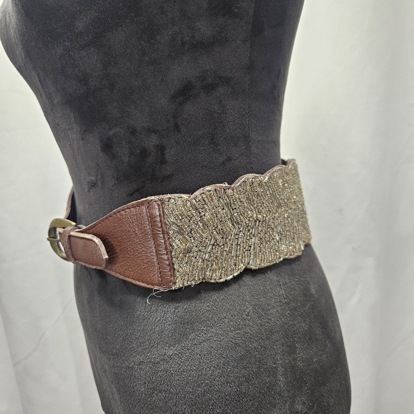 Jasper & Jeera Medium Anthropologie Corset Brown Leather Beaded Boho Belt Size S