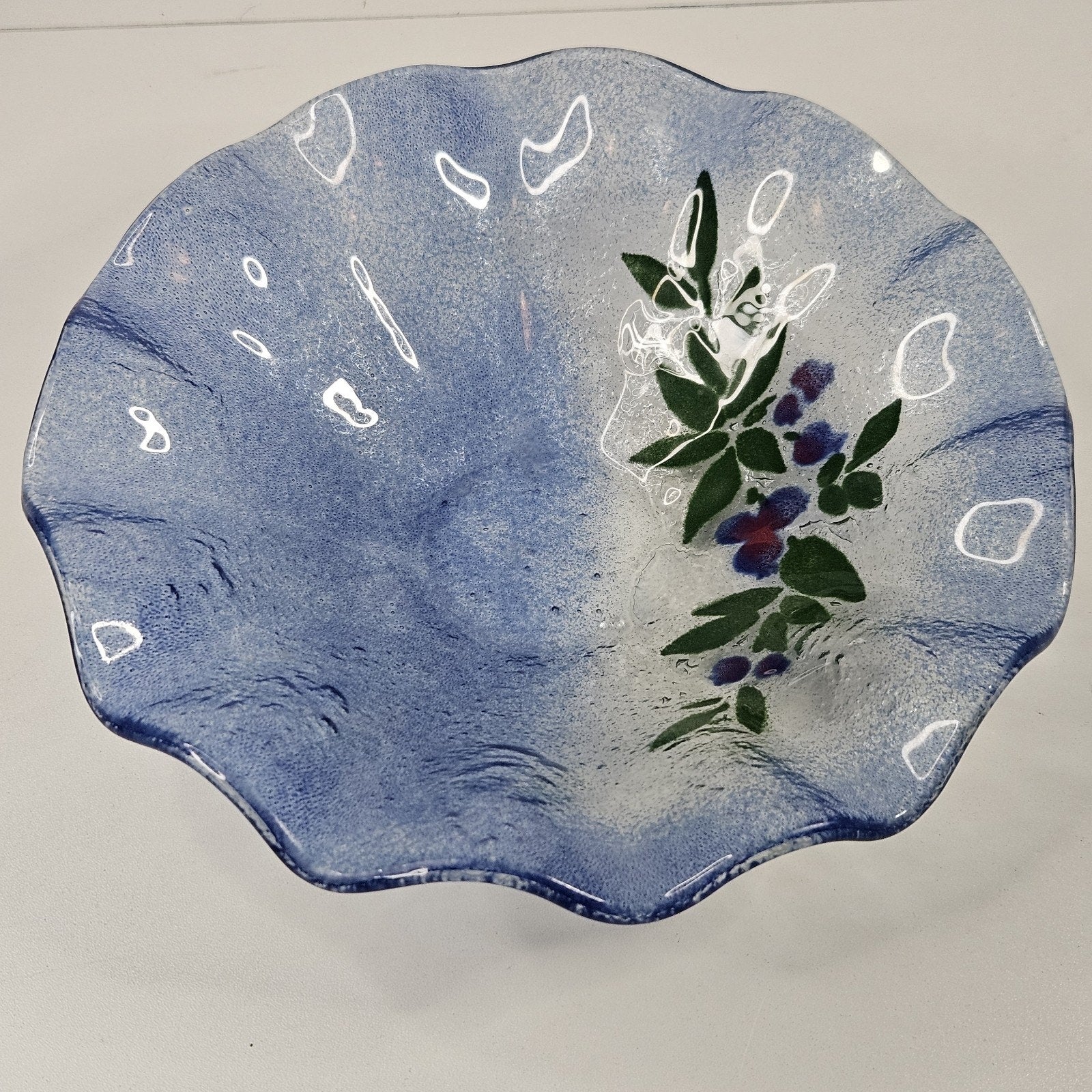 VINTAGE Hand Made Flower Pattern Fused Glass Textured Bowl Dish Ruffled Edge