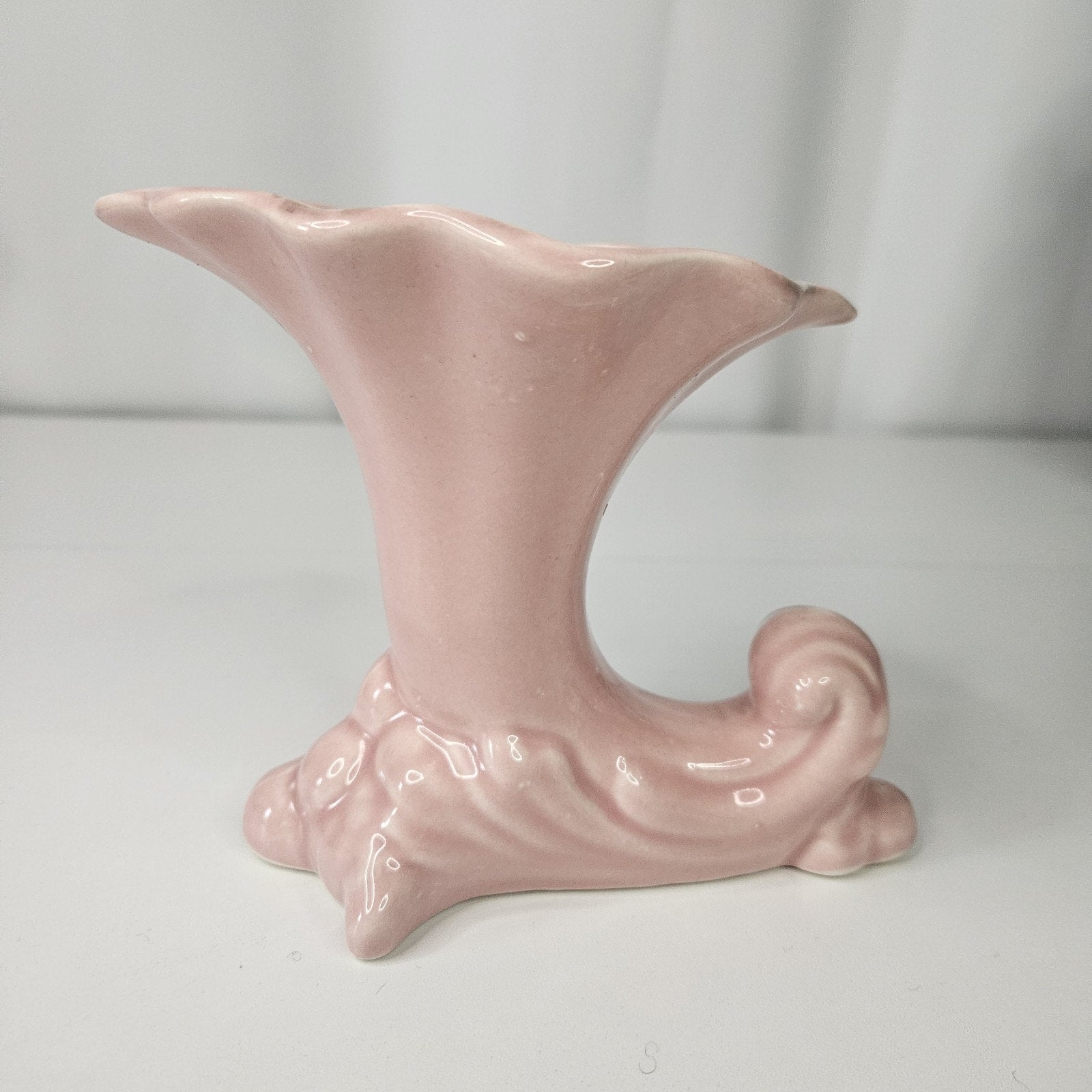 Vintage 50's Pink Pottery Cornucopia Flower Vase Mid-Century Cottage Planter