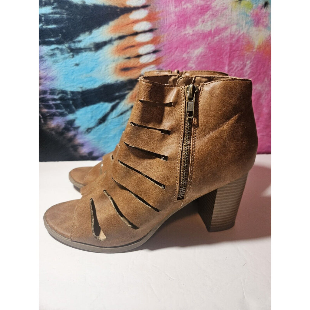 Report Peep Toe Heeled Booties Brown Faux Leather Heels Sandals Size 9 Elise