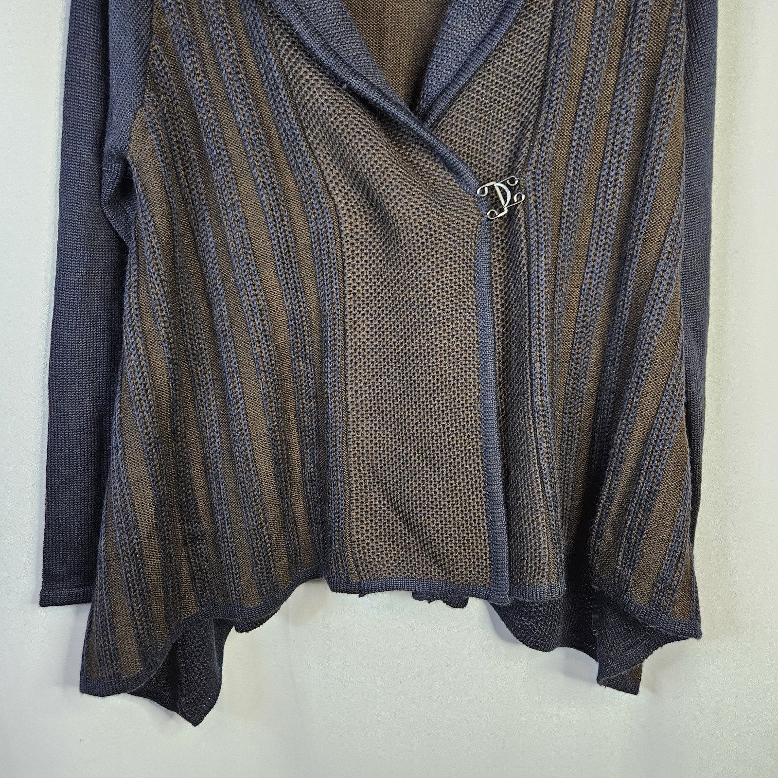 Woman’s Gizel Blue & Brown Block Design Sweater Jacket Acrylic Wool Blend L/XL