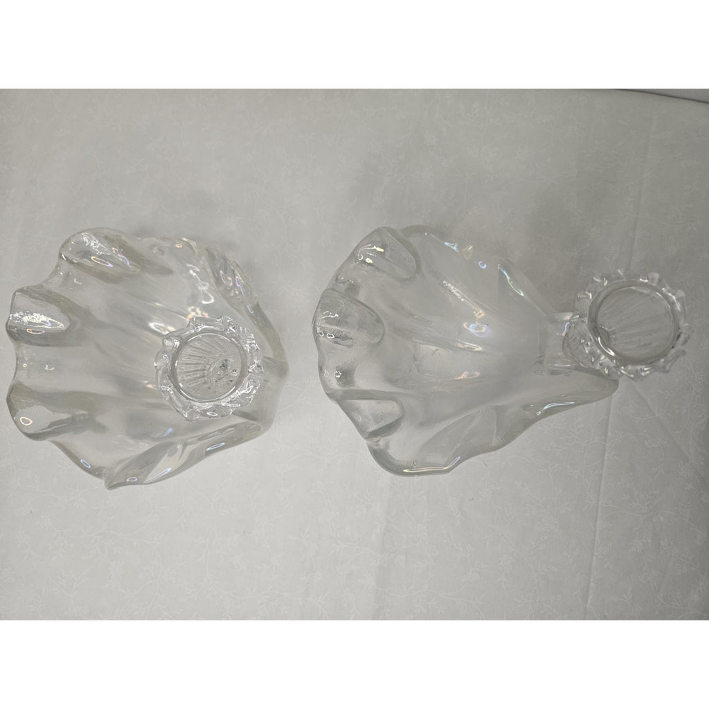 Vtg Murano Barovier Glass Ribbed Shell Candle Stick Holder Iridescent Bowl Set 2