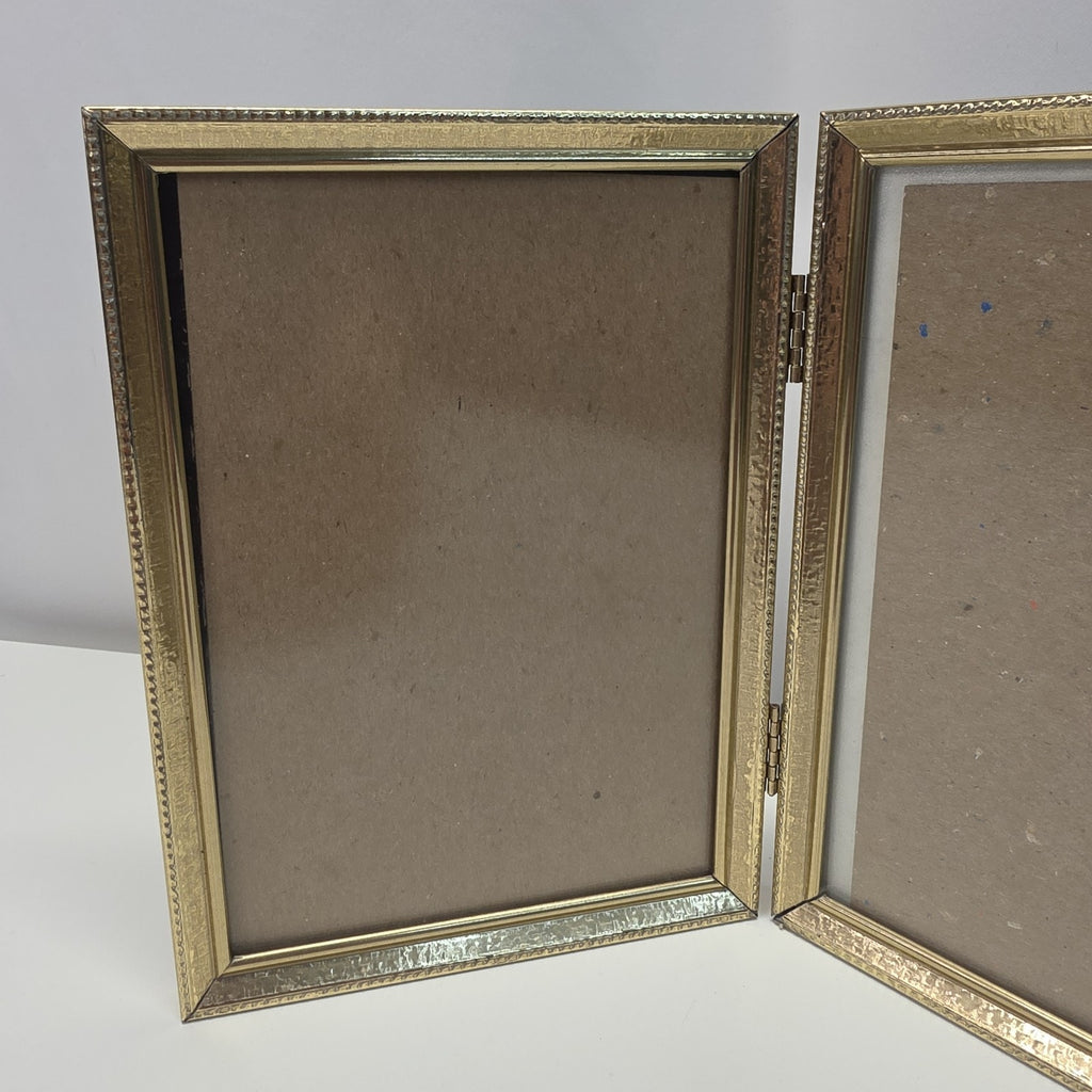 Vintage 80s Gold Tone Bi-fold Picture Frame Double 5x7" Glass Table Top