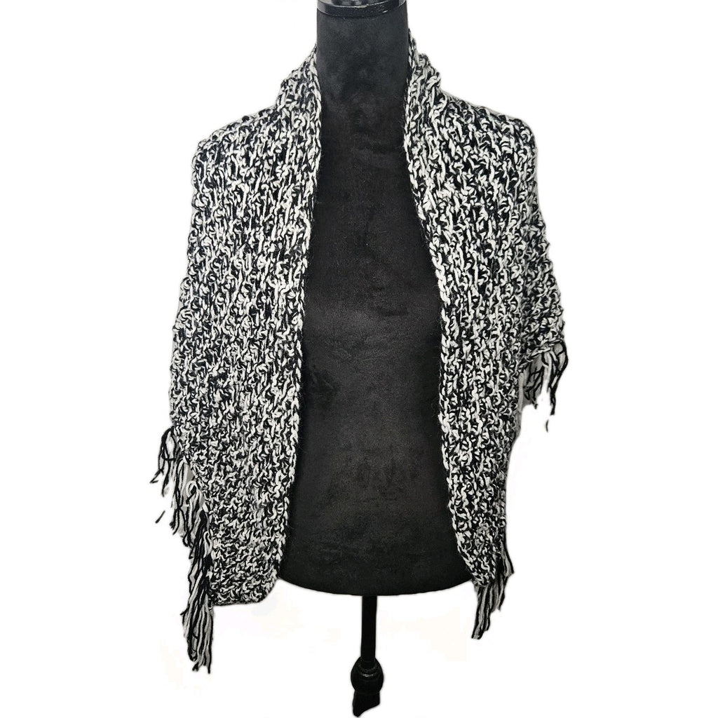 Handmade Knit Sweater Cape One Size Black White Open Front Draped Fringe Hippie