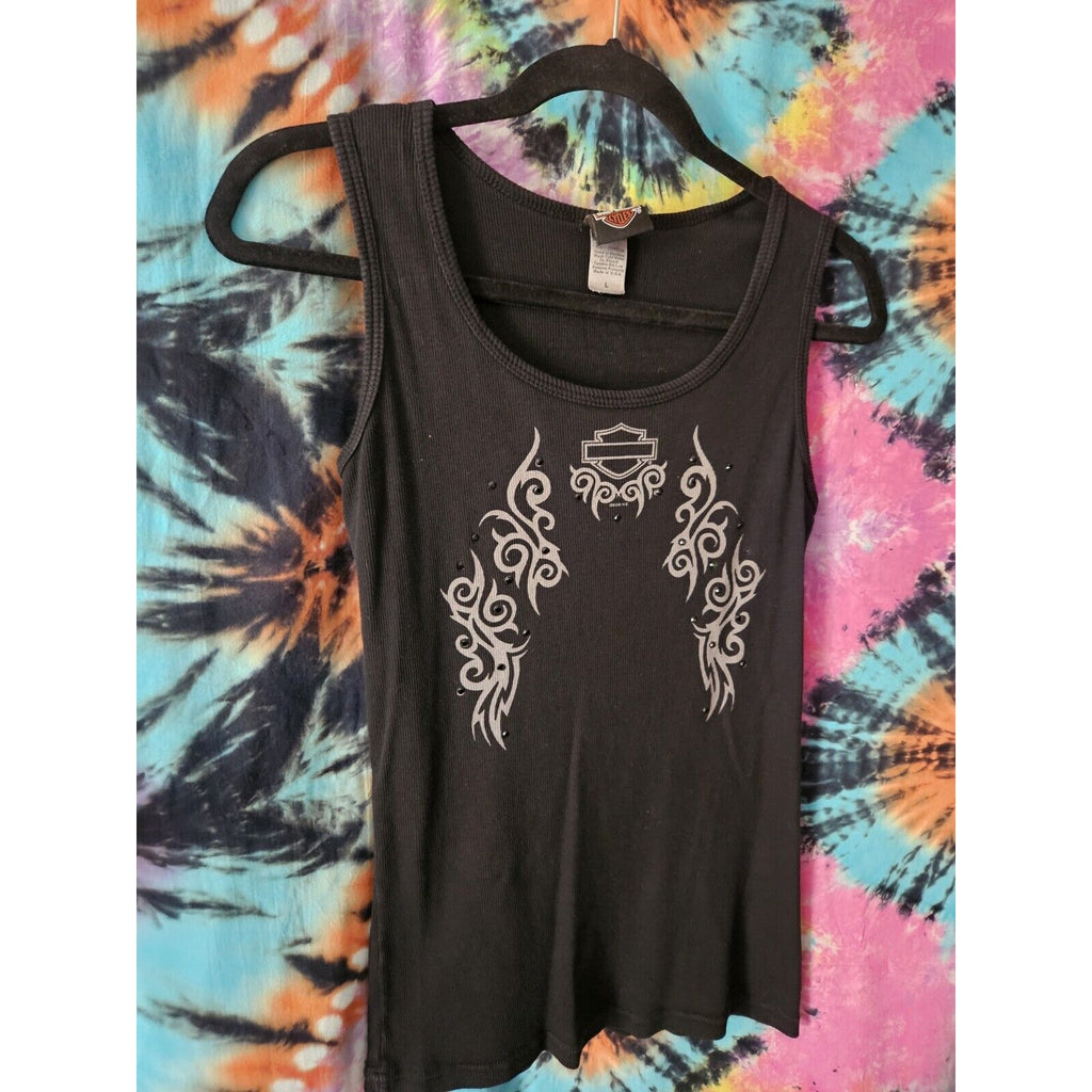 Harley Davidson Black Rhinestone Graphic Ribbed Tank Large Biker Y2K Motorcycle
