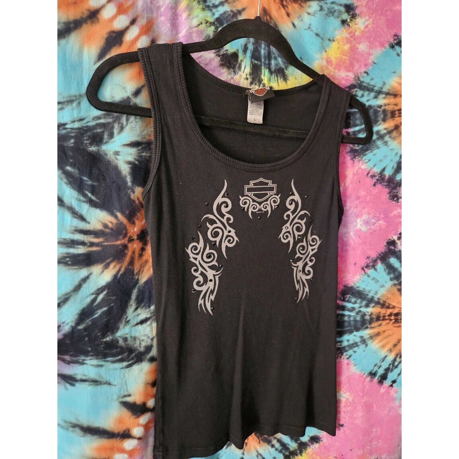 Harley Davidson Black Rhinestone Graphic Ribbed Tank Large Biker Y2K Motorcycle