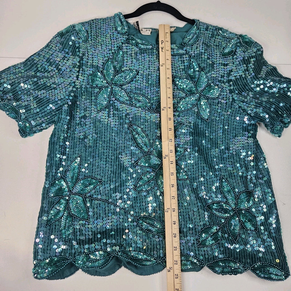 Sequin Beaded Silk Top 90s Vintage Teal Green Blouse Gatsby Glam Party Large