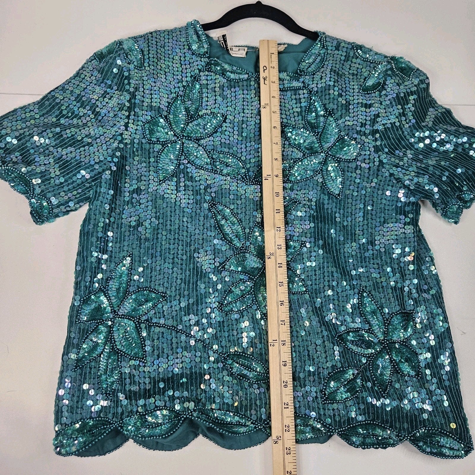 Sequin Beaded Silk Top 90s Vintage Teal Green Blouse Gatsby Glam Party Large