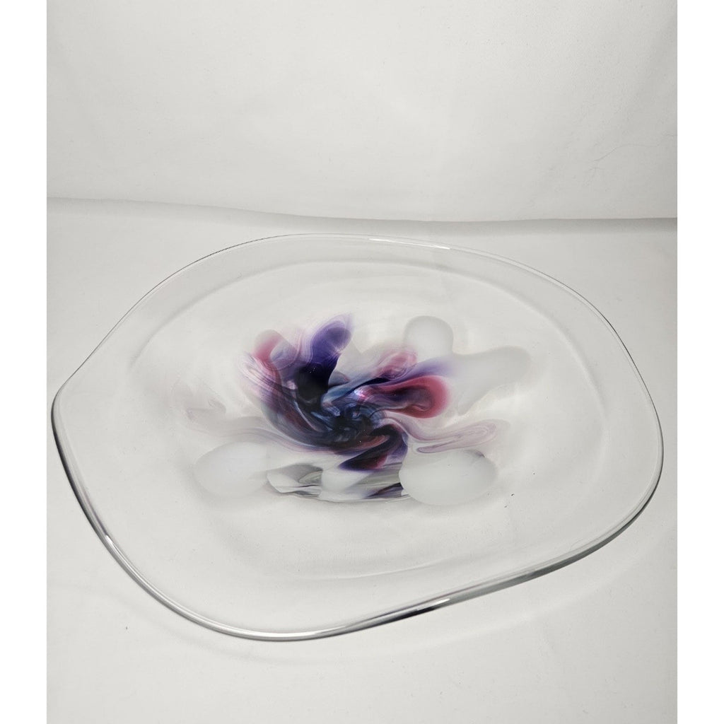 Vintage Signed Studio Art Glass Bowl Mid Century Modern Studio Clear Purple Whit