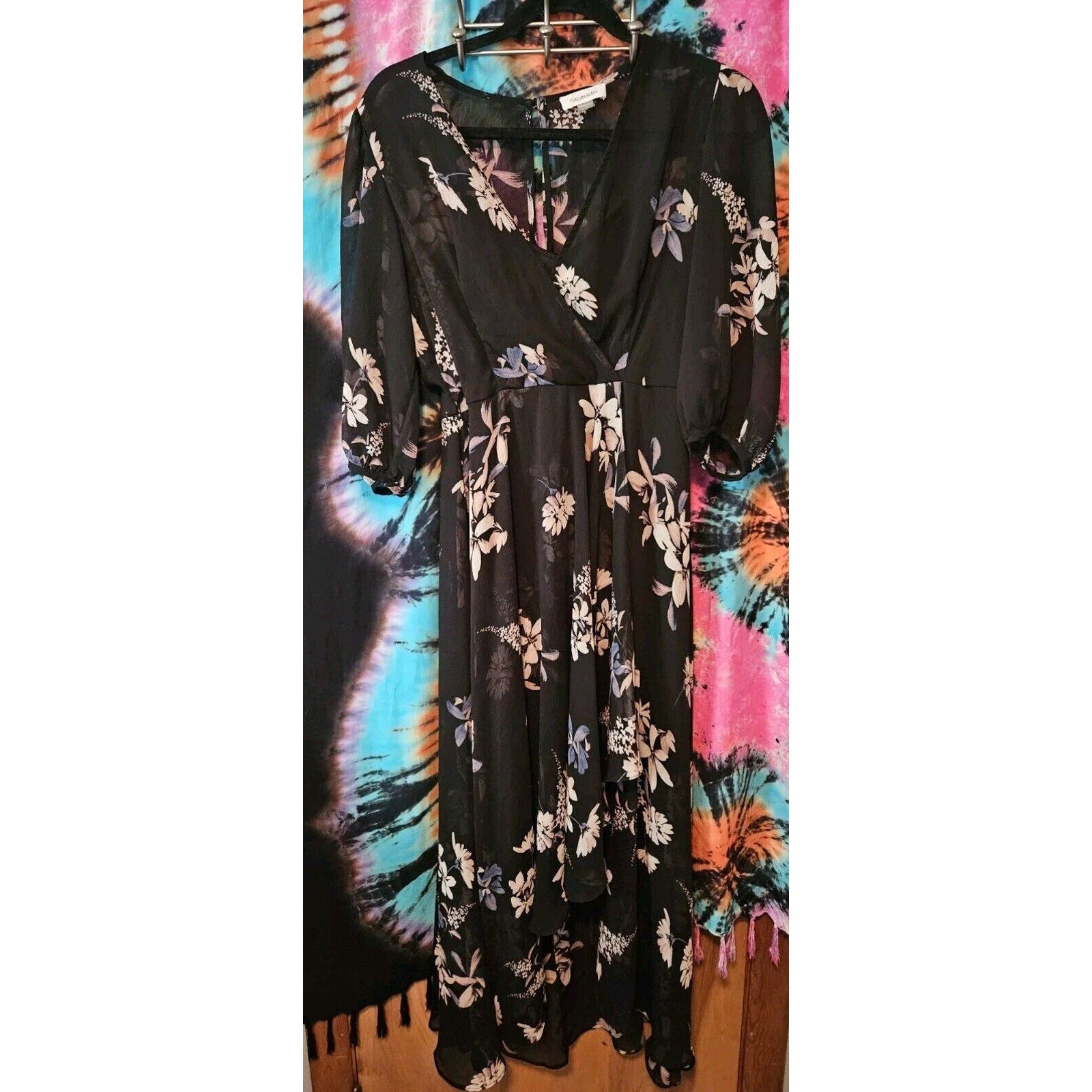 Calvin Klein Black Floral Chiffon Overlay Hi Low Flowy Sz 4 Mid Length Dress