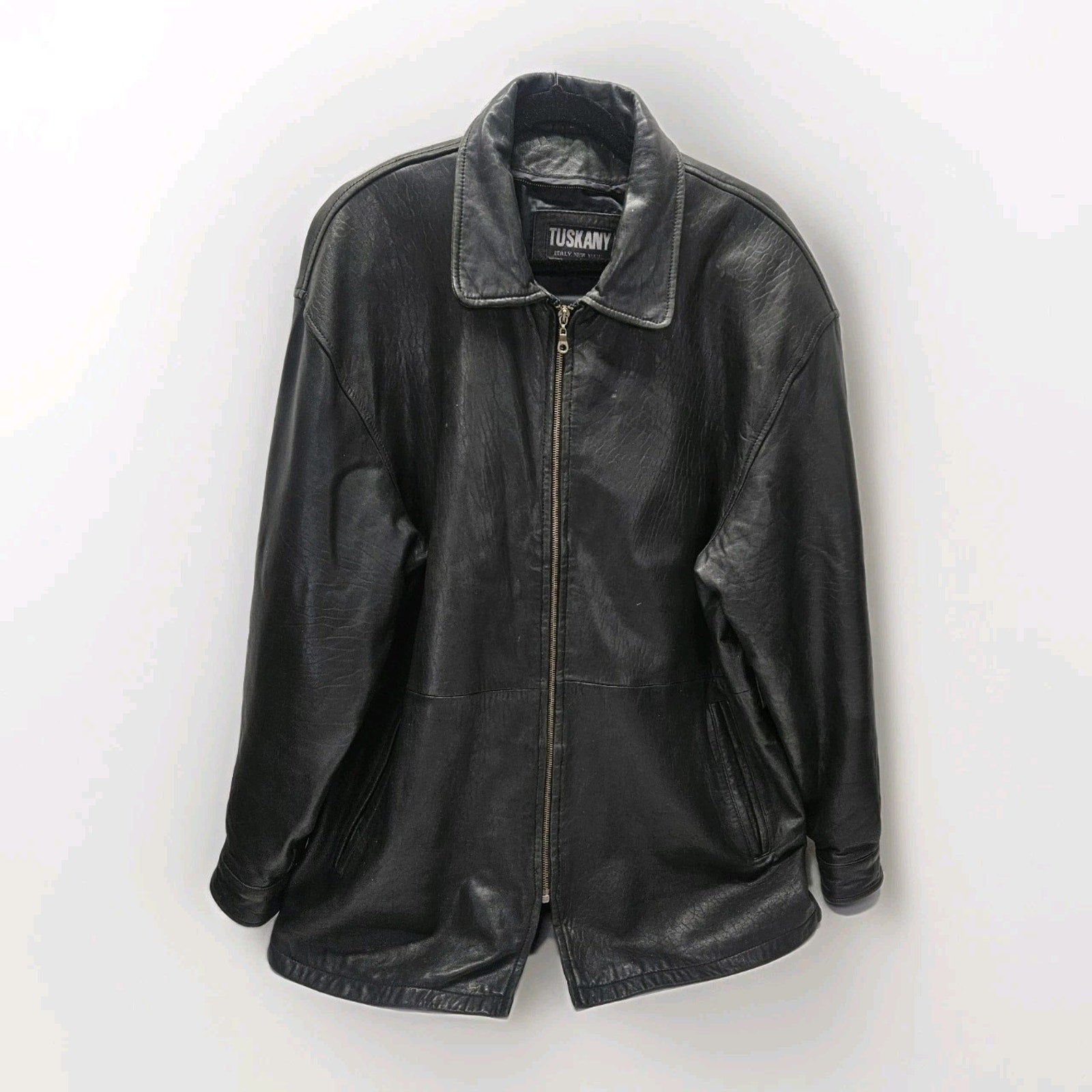 Vintage Tuskany Italian Leather Jacket Black Midi Coat Men's Large
