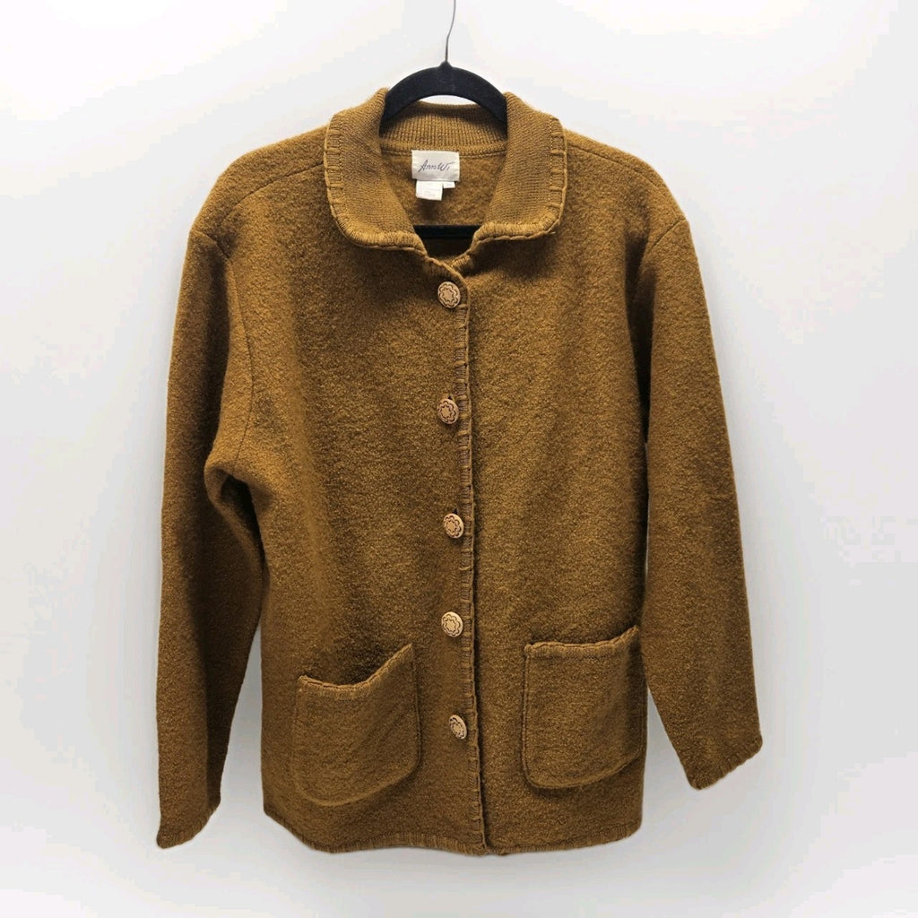 Vtg Ann Wi 100% Wool Button Up Collared Cardigan Midi Sweater Med Boho Cottage